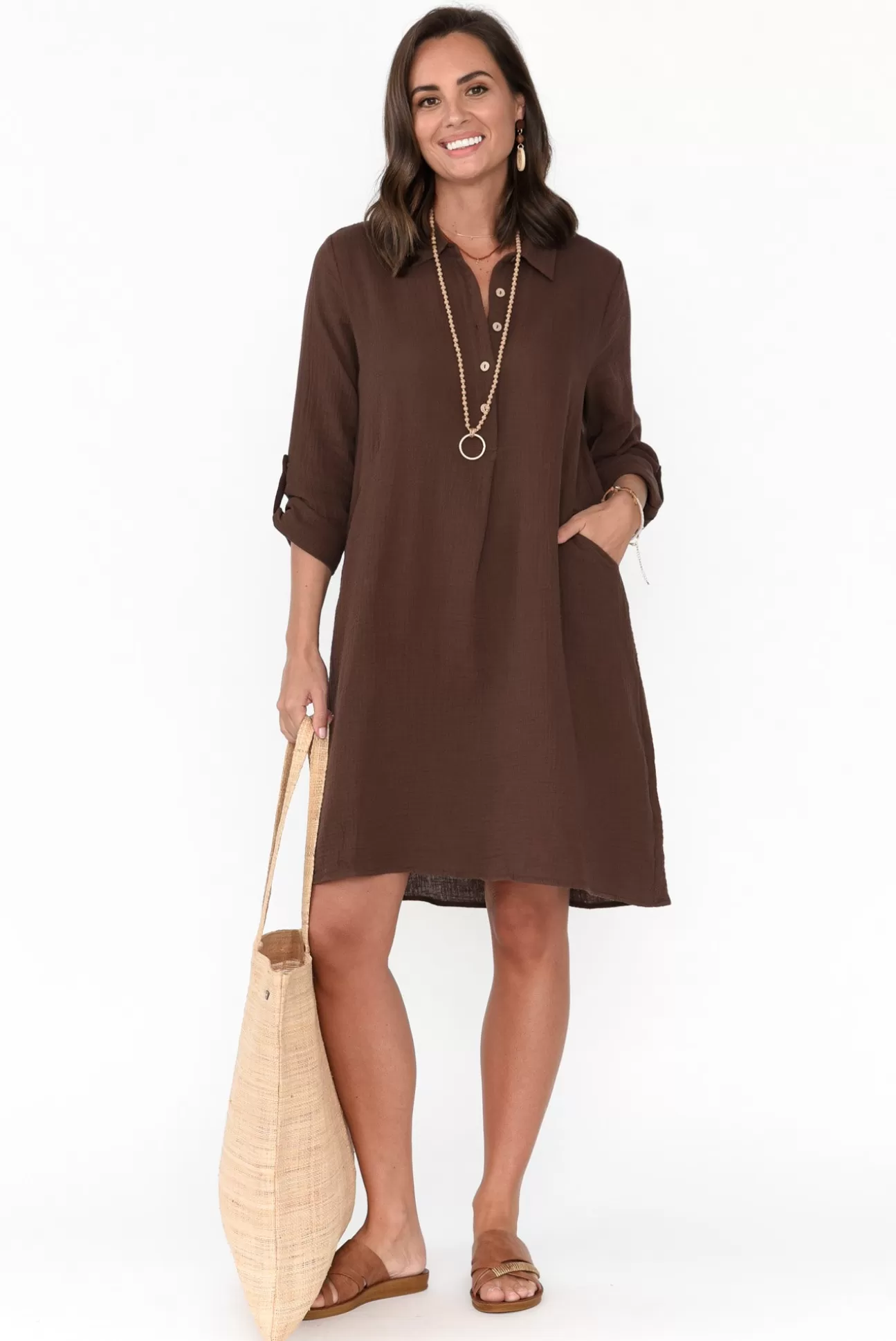 Threadz Byron Chocolate Cotton Shirt Dress Cheap