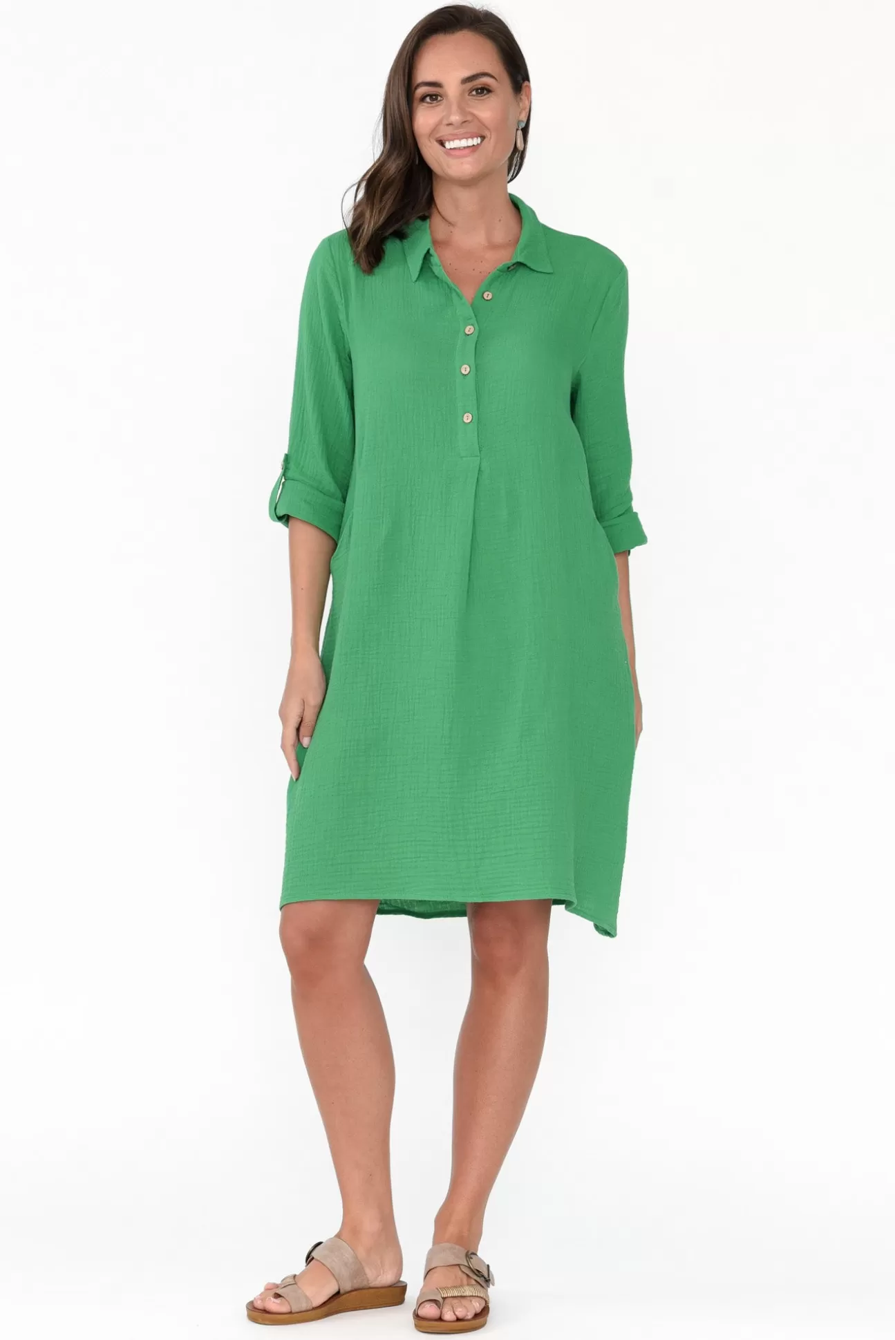 Threadz Byron Green Cotton Shirt Dress Fashion