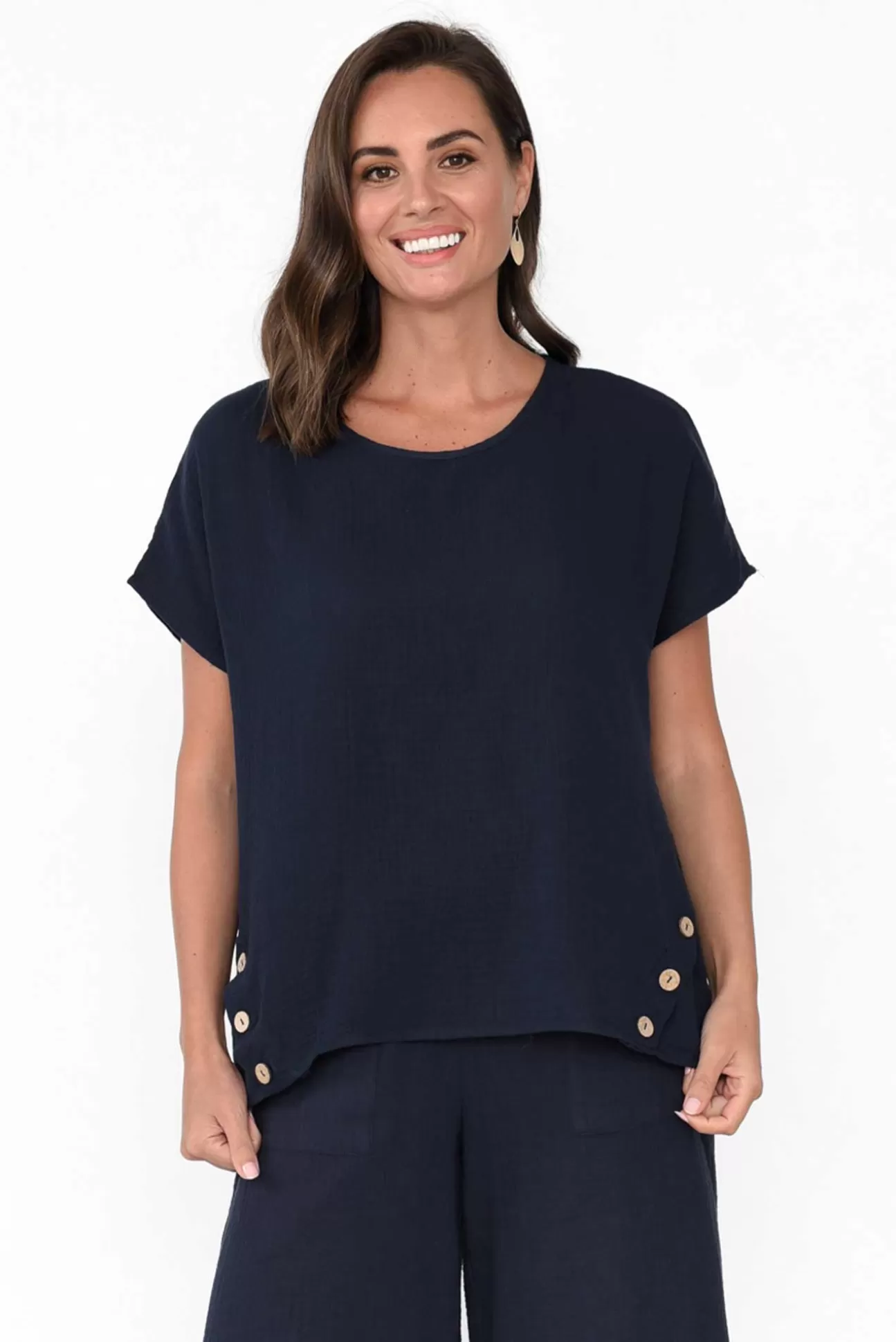 Threadz Byron Navy Cotton Button Top Online