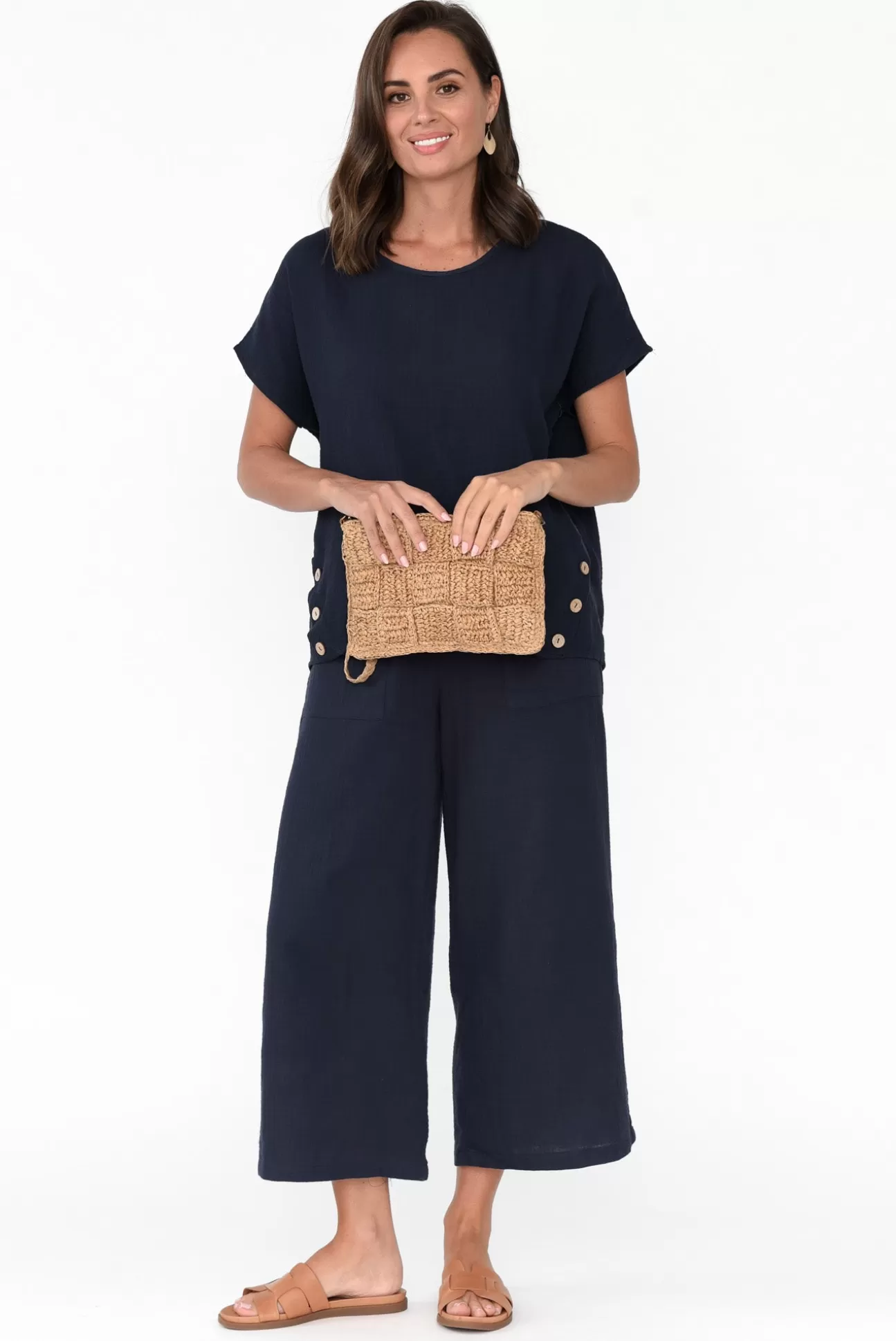 Threadz Byron Navy Cotton Button Top Online