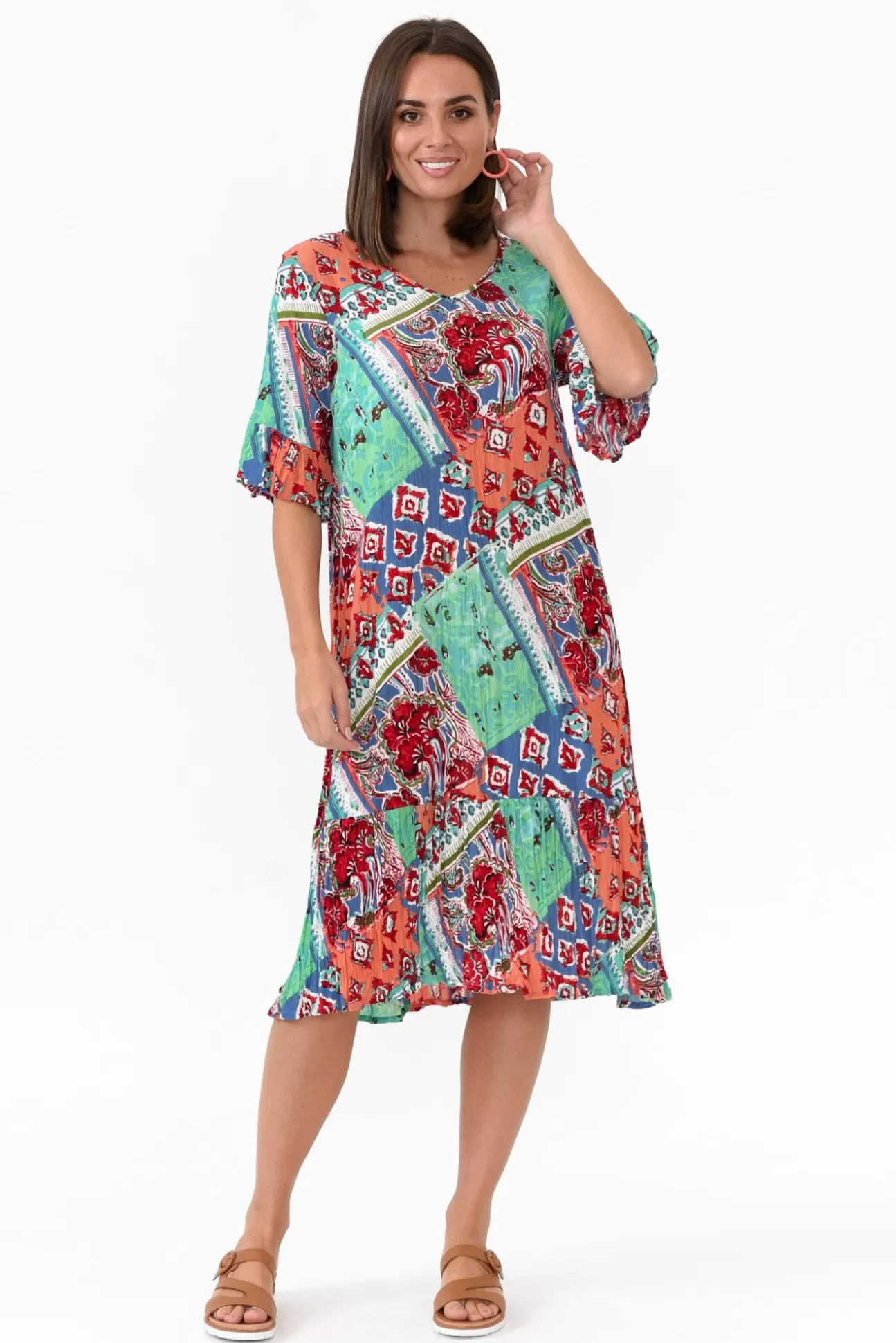 One Summer Calla Aqua Geometric Crinkle Dress Best