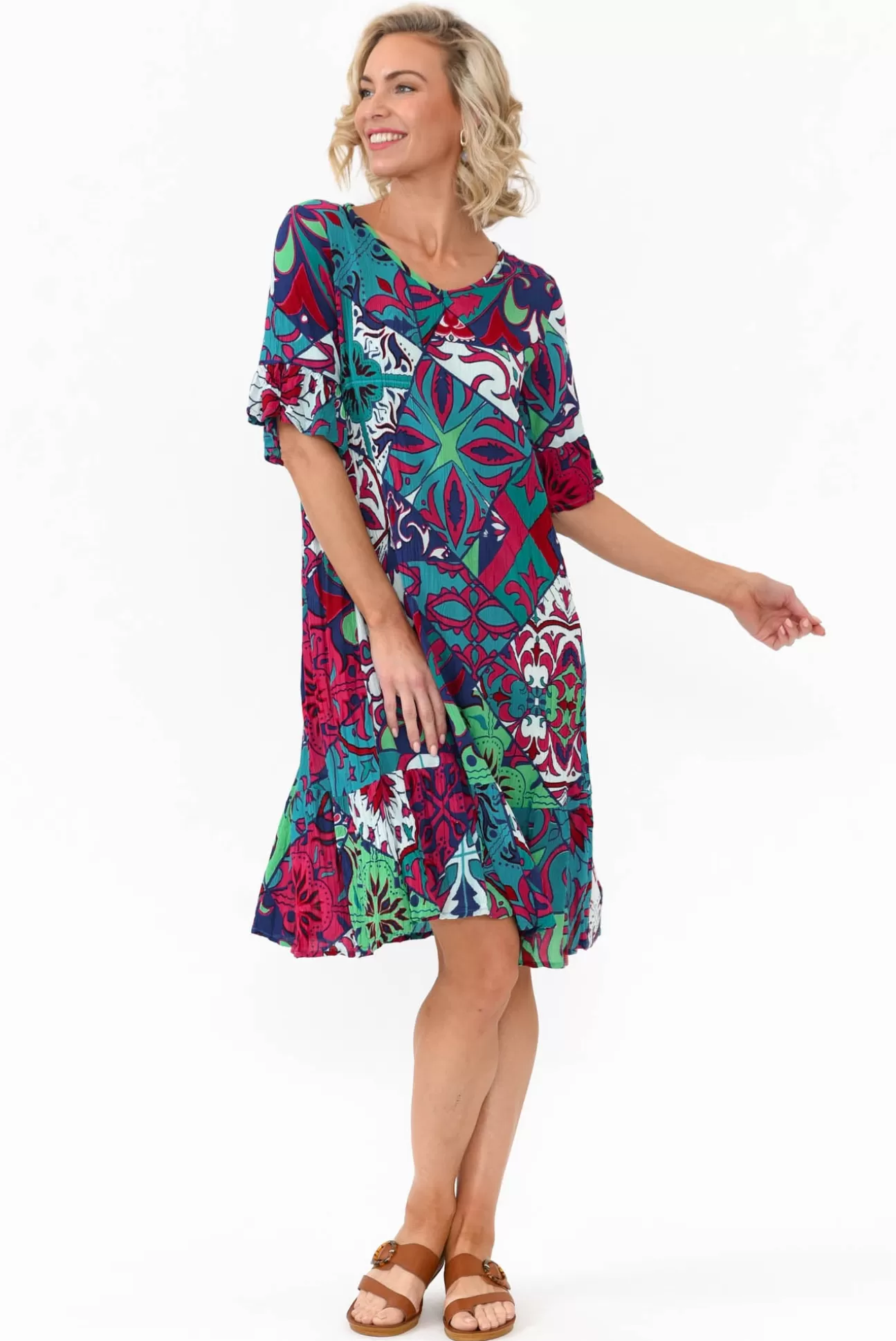 One Summer Calla Teal Mosaic Crinkle Dress Store