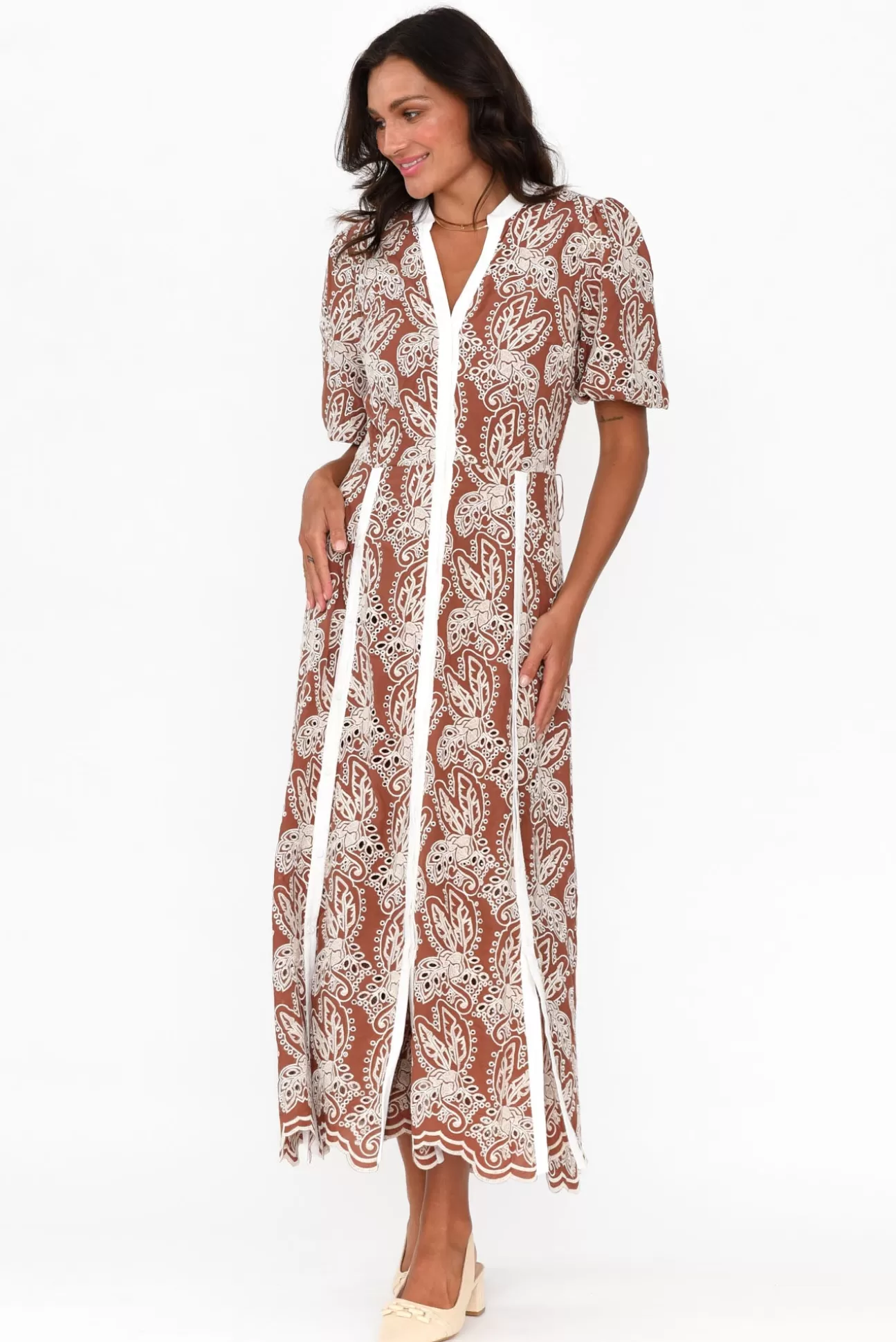 Once Was Cambria Bronze Embroidered Puff Sleeve Dress Discount