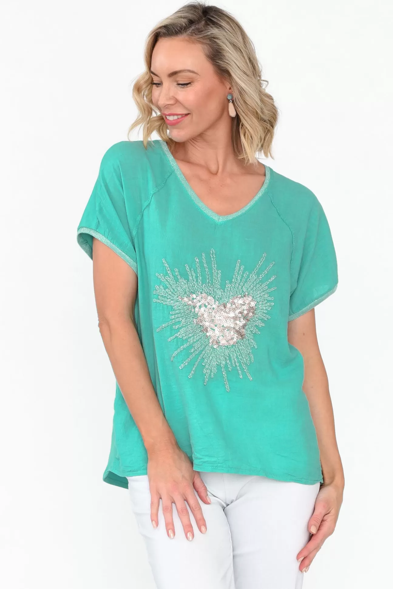 Fabuler Candela Blue Sequin Heart Linen Top New