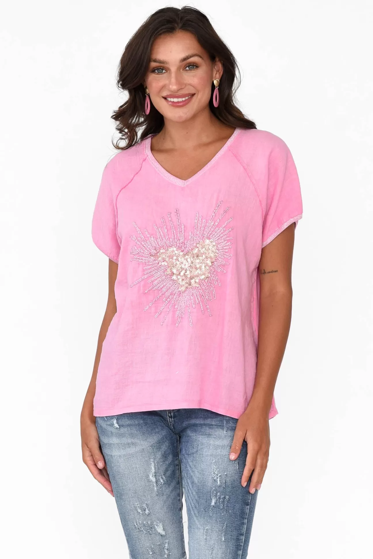 Fabuler Candela Pink Sequin Heart Linen Top Flash Sale