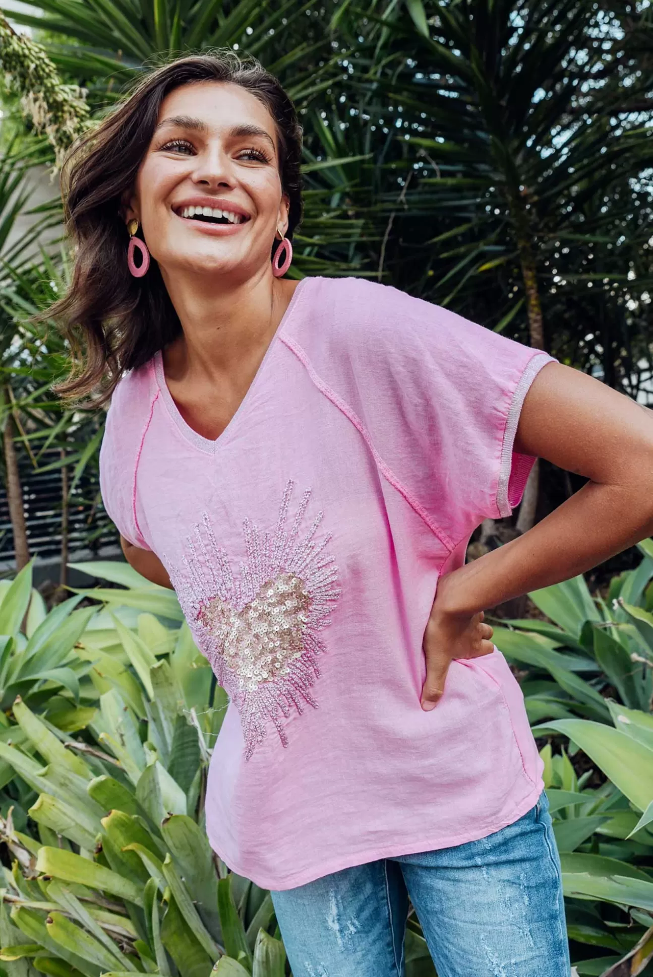 Fabuler Candela Pink Sequin Heart Linen Top Flash Sale