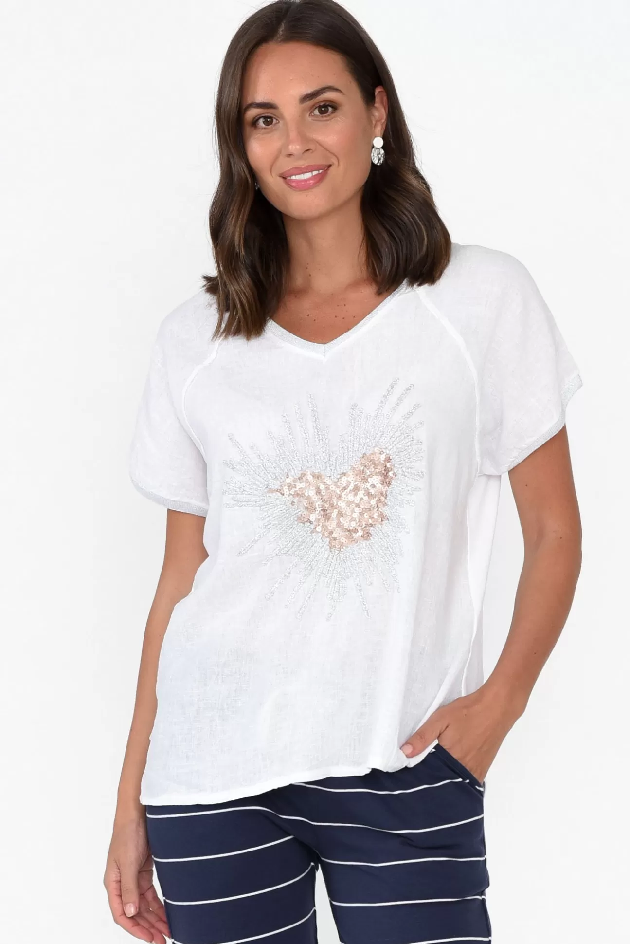 Fabuler Candela White Sequin Heart Linen Top Flash Sale