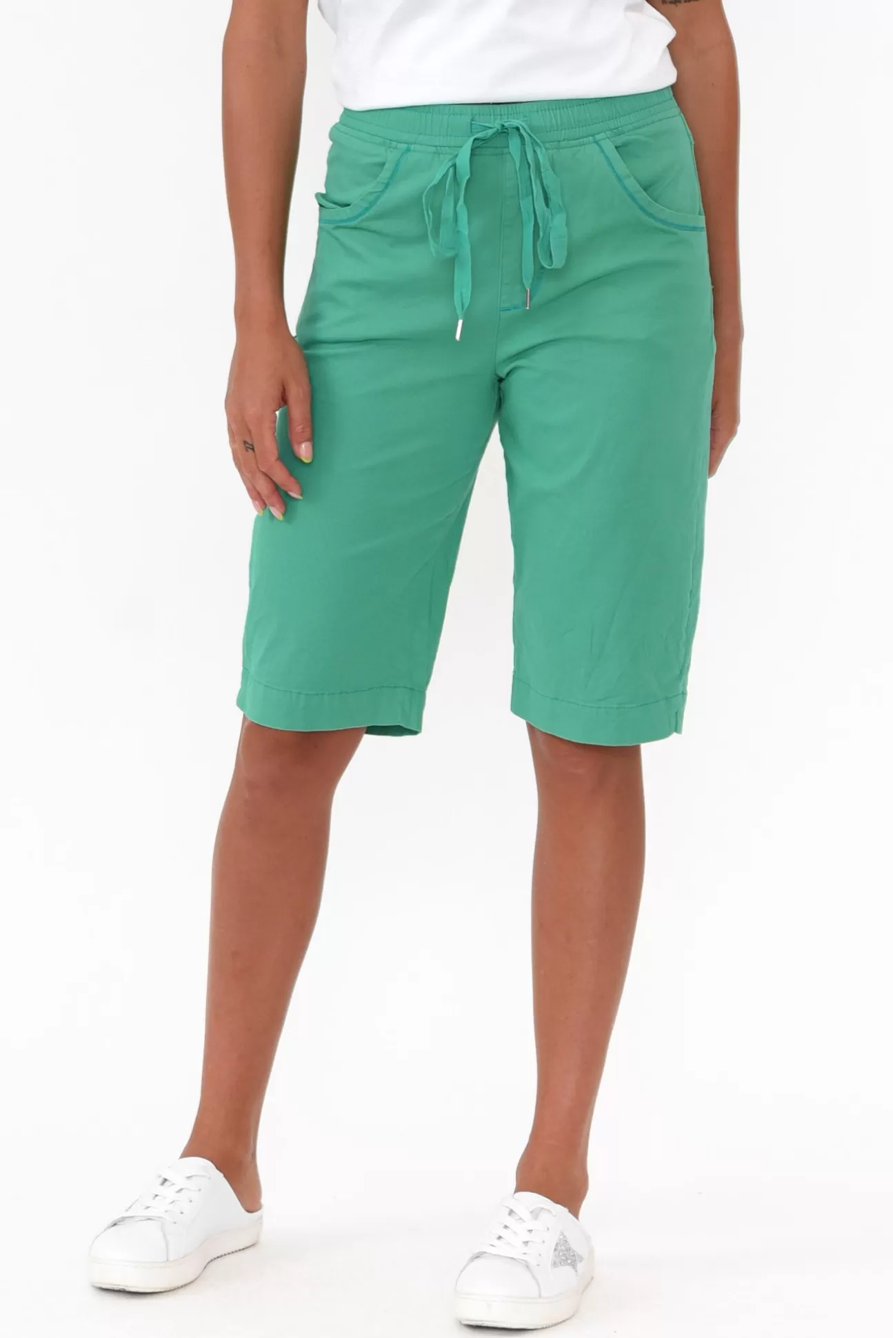 Cafe Latte Cara Green Cotton Drawstring Shorts Sale