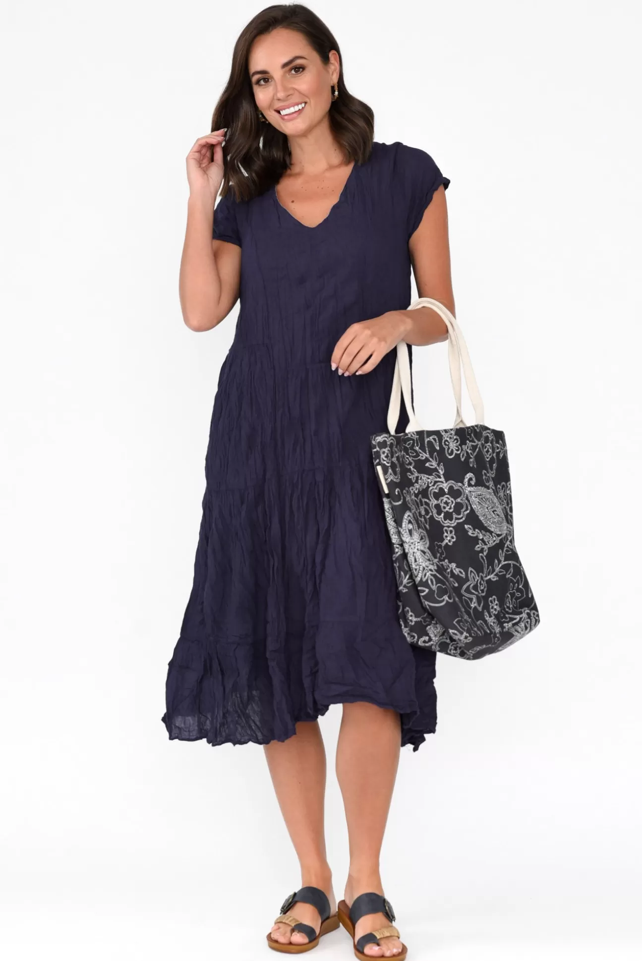 Namastai Carmen Navy Crinkle Cotton Dress New