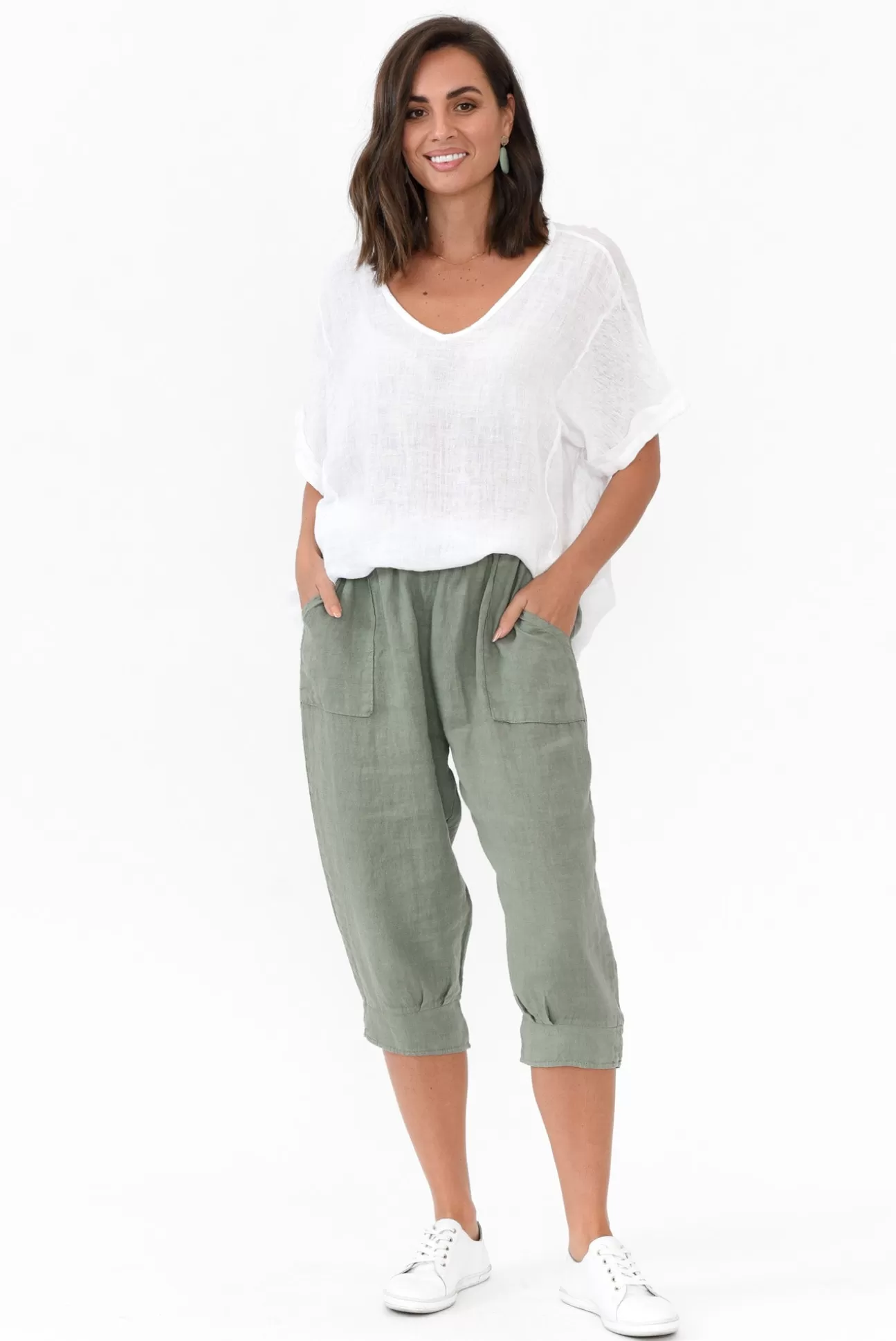 Donna Donna Carmichael Khaki Linen Capri Pant Flash Sale