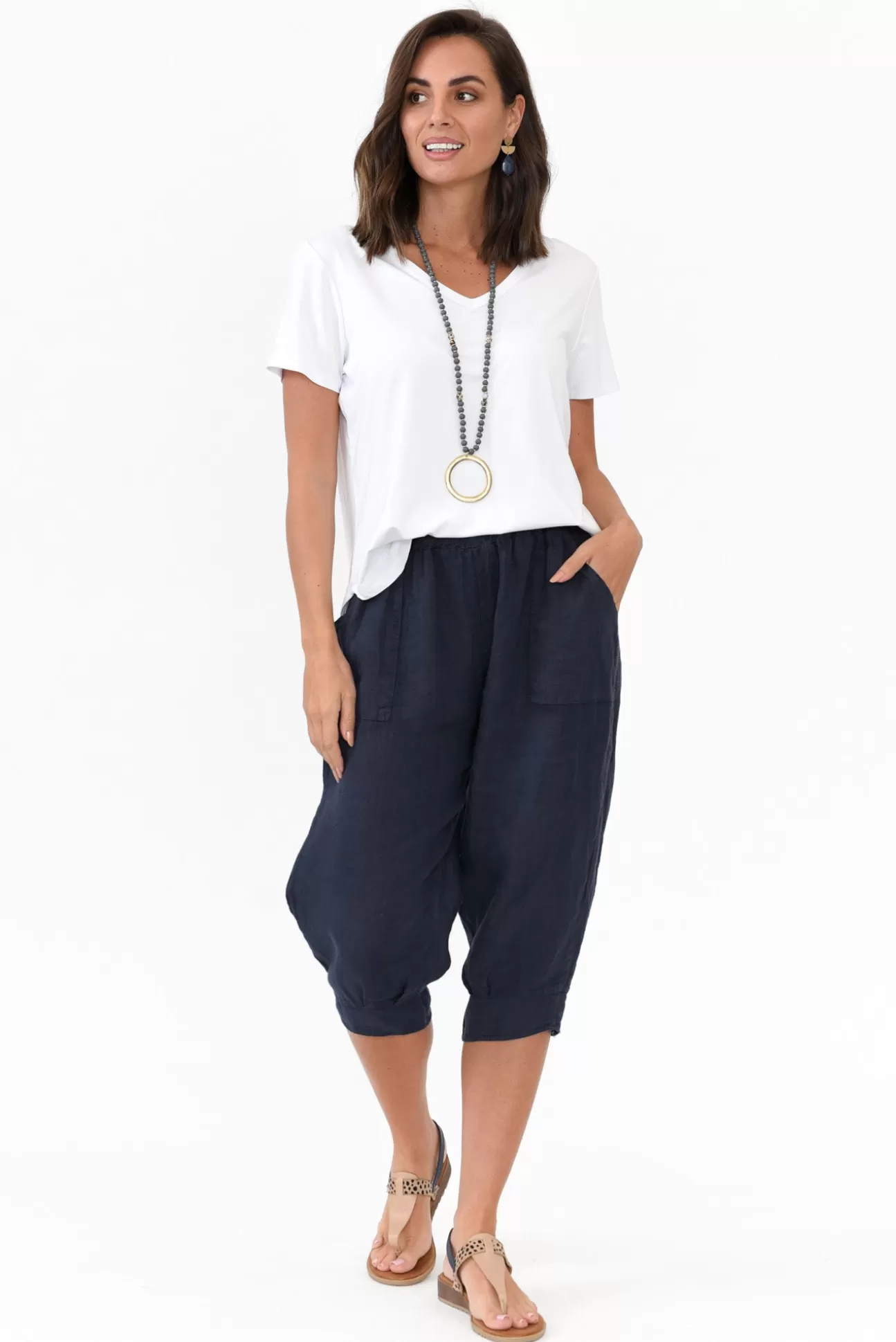 Donna Donna Carmichael Navy Linen Capri Pant Shop