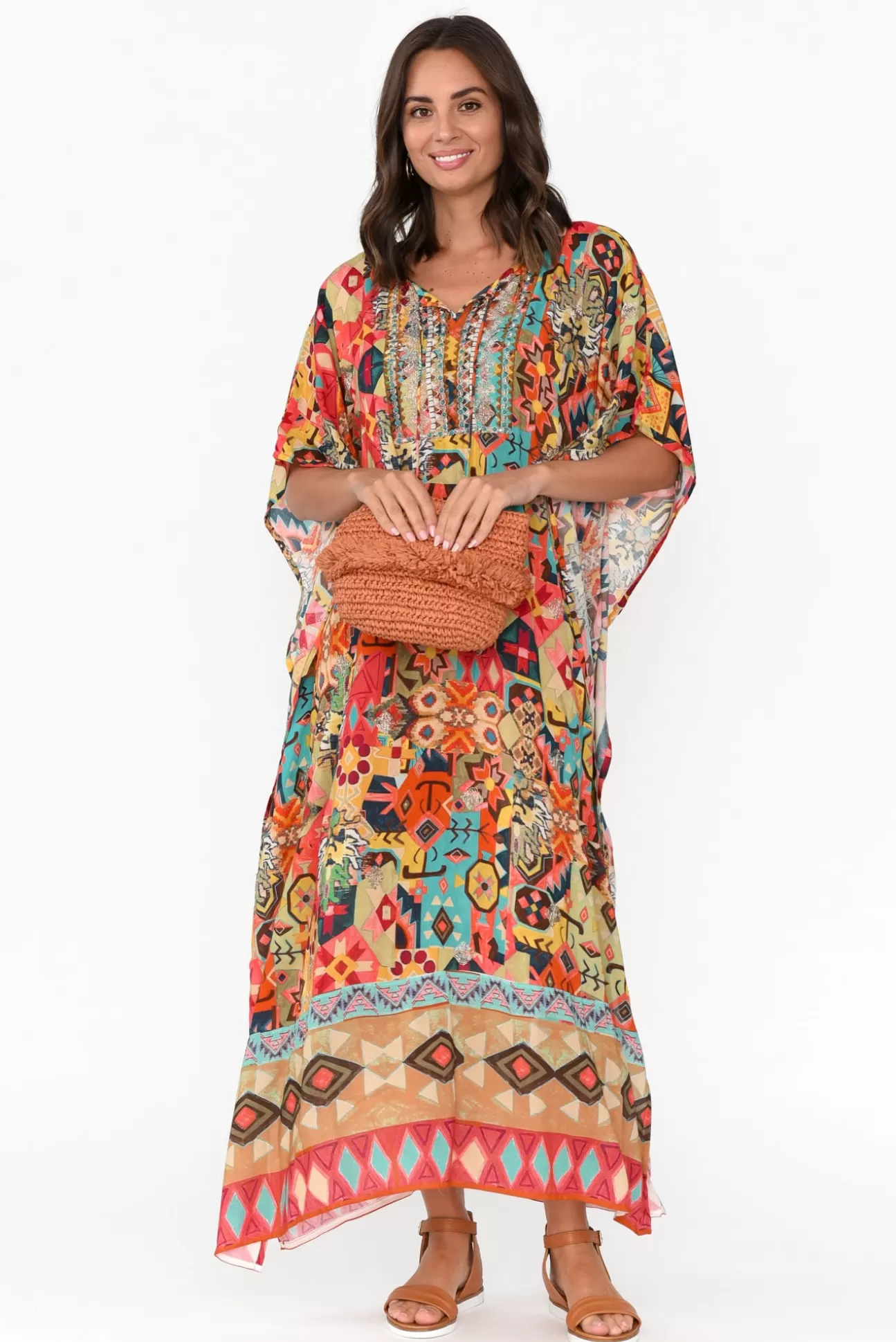 Escape Caroline Orange Abstract Tassel Kaftan New