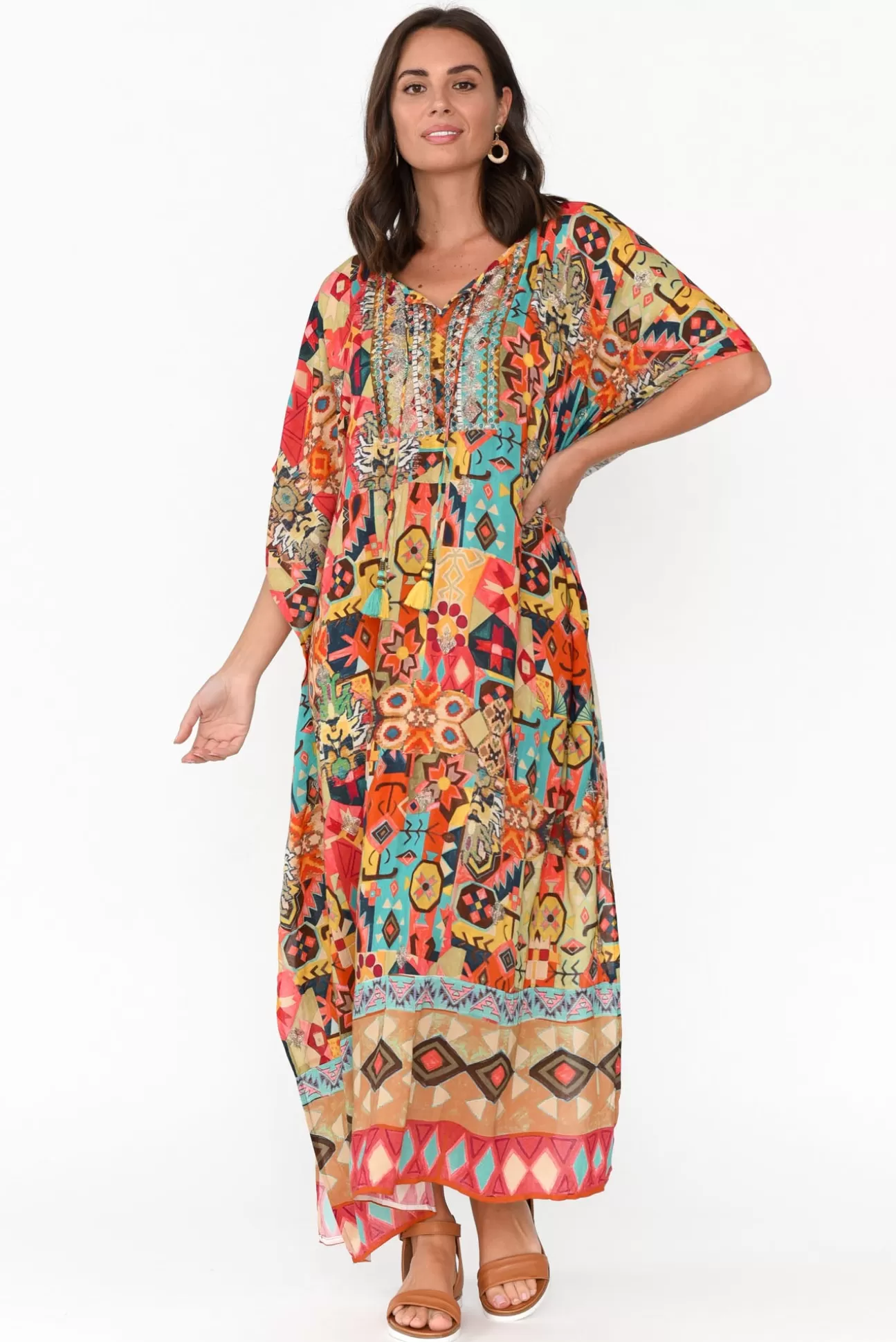 Escape Caroline Orange Abstract Tassel Kaftan New