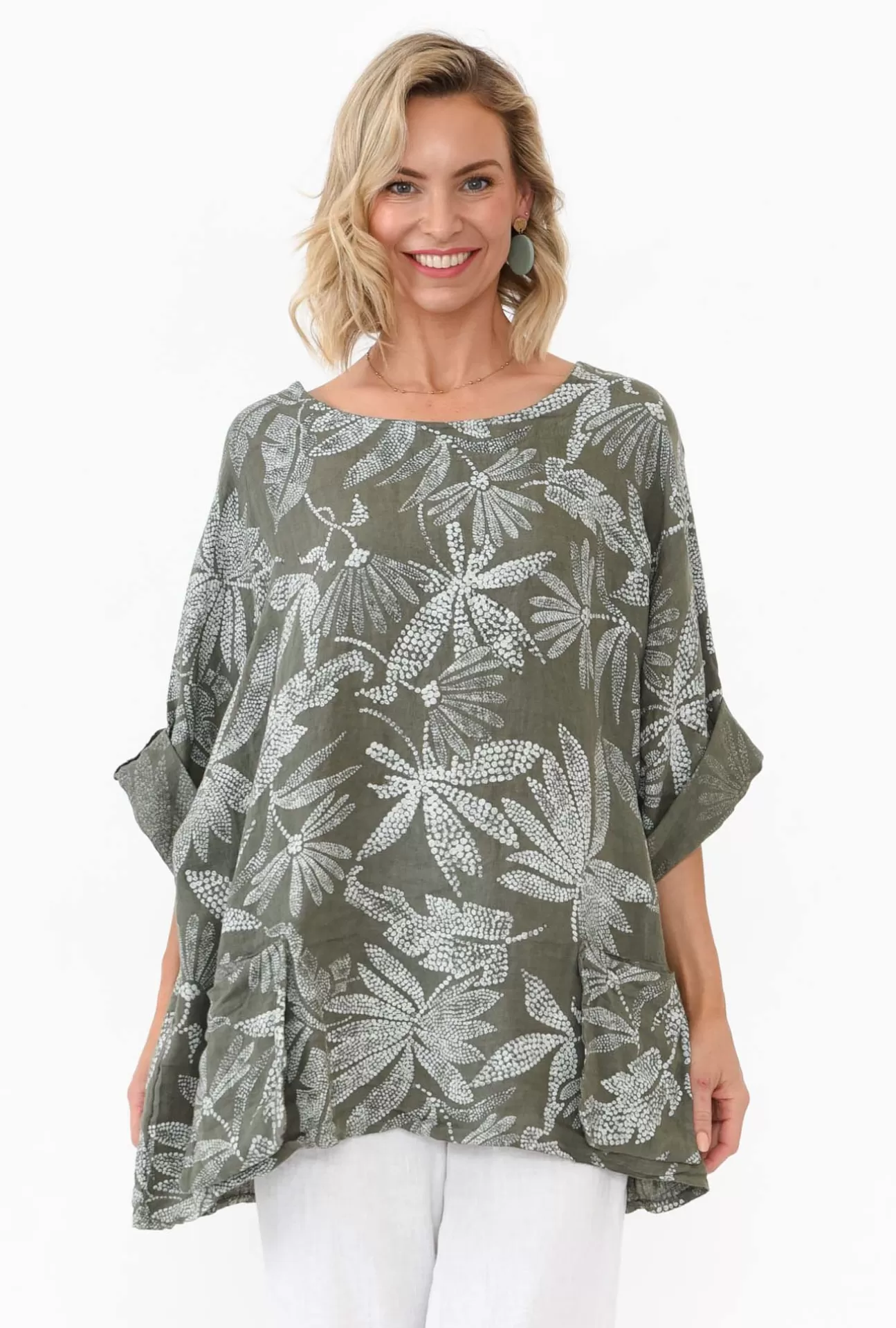 Donna Donna Casper Khaki Tropical Linen Pocket Top Discount