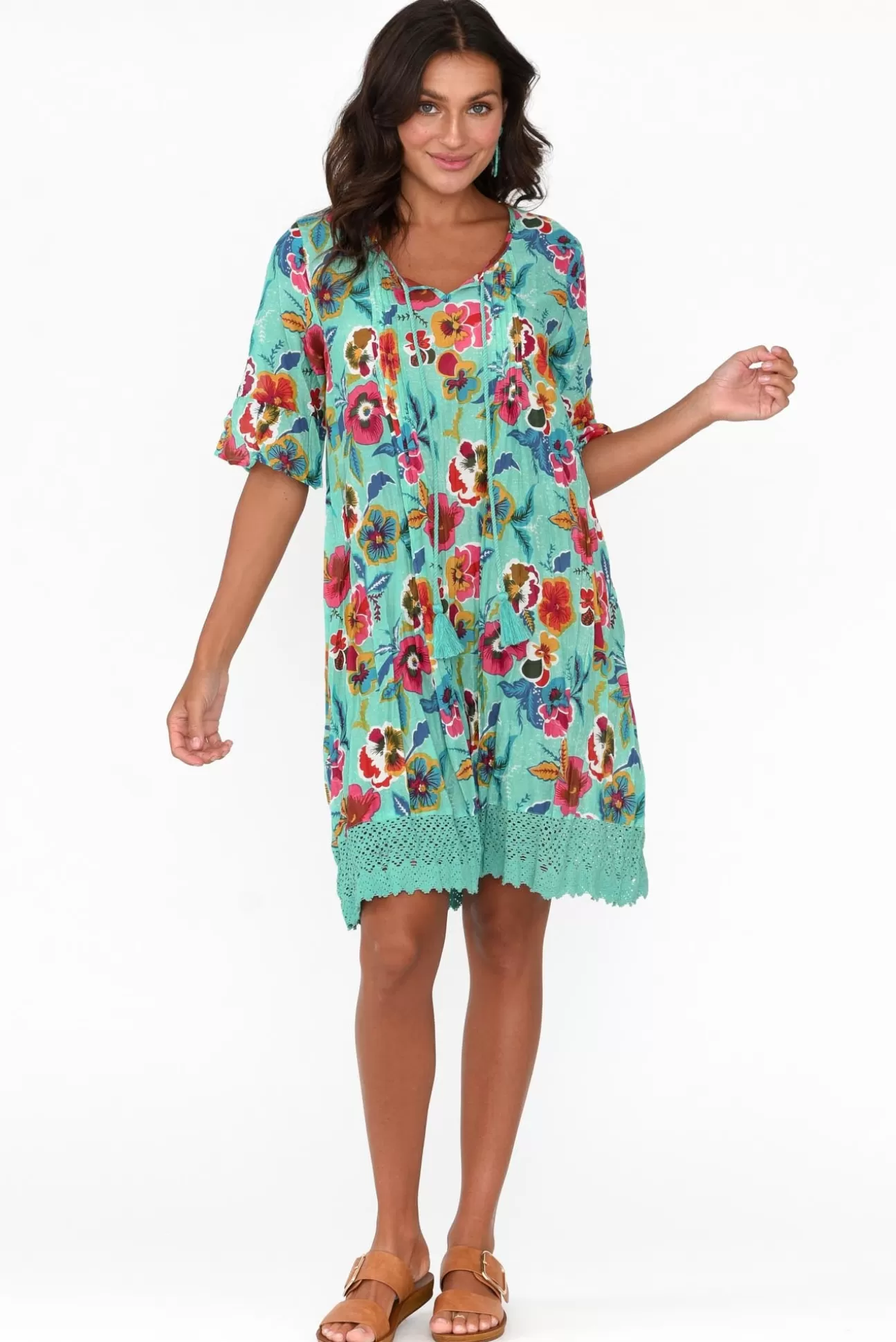 One Summer Cayman Aqua Flower Cotton Tunic Dress Fashion