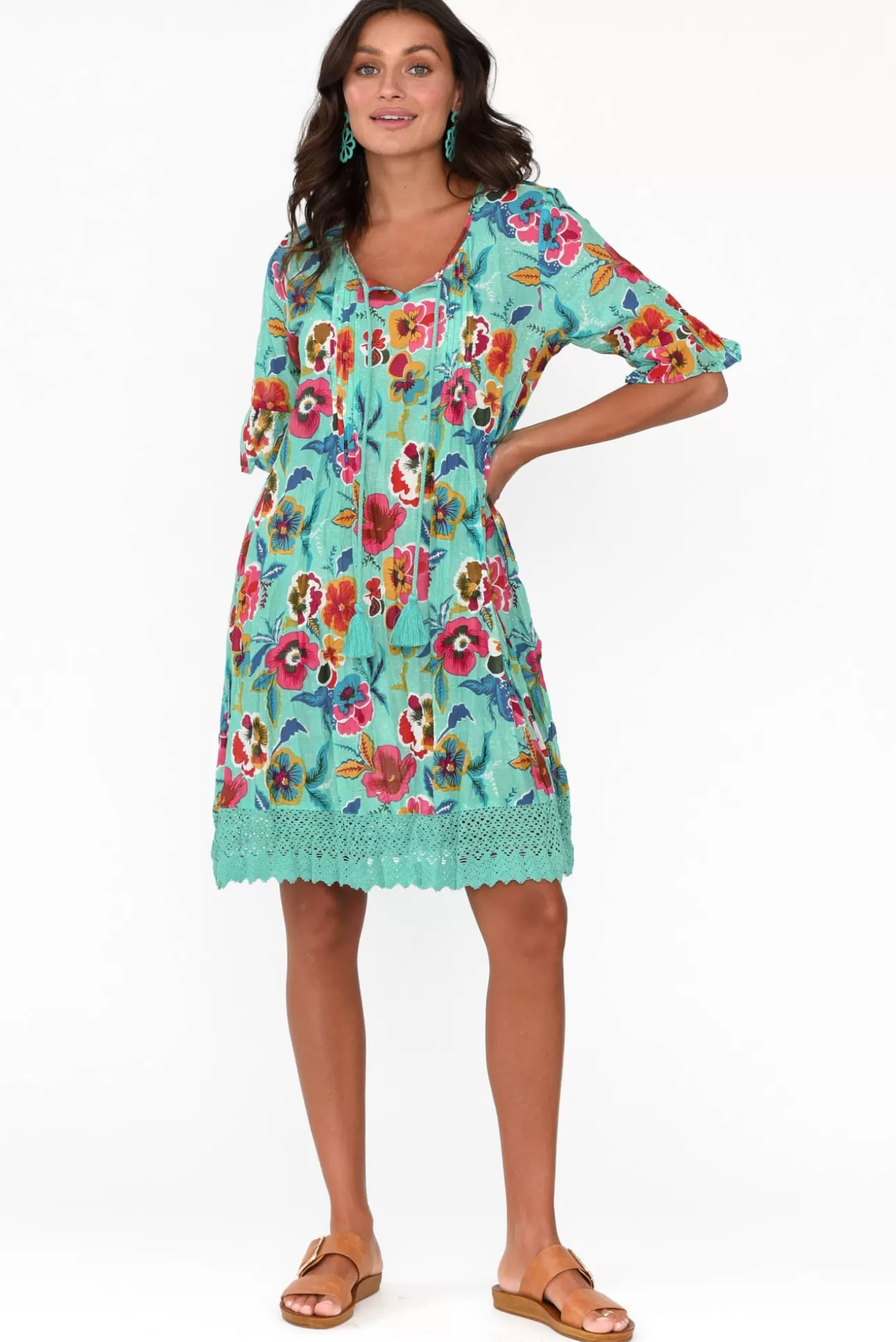 One Summer Cayman Aqua Flower Cotton Tunic Dress Fashion