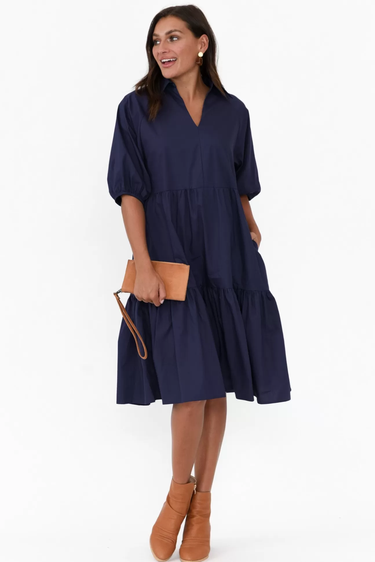 Worthier Cecelia Navy Cotton Poplin Tiered Dress Fashion