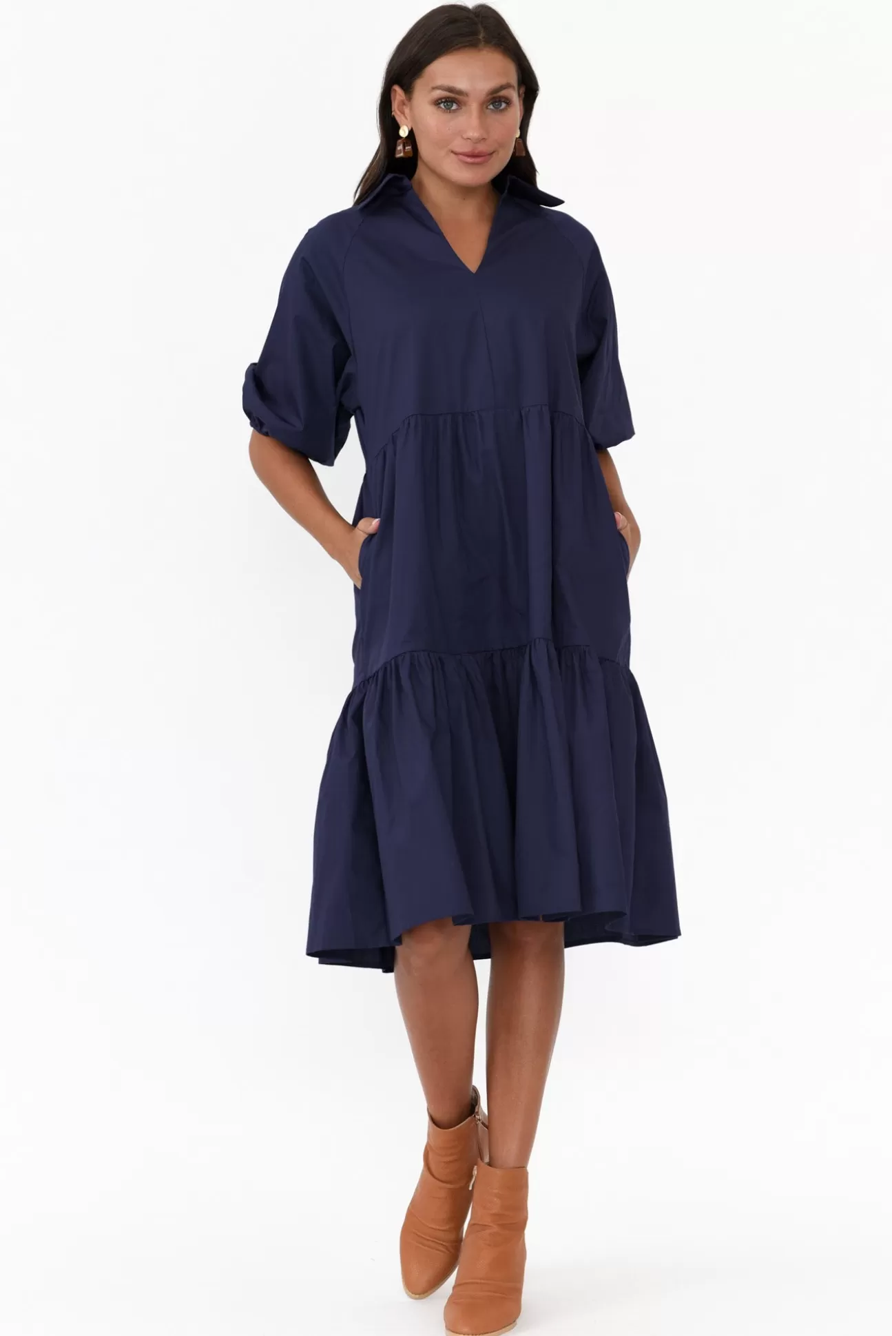 Worthier Cecelia Navy Cotton Poplin Tiered Dress Fashion