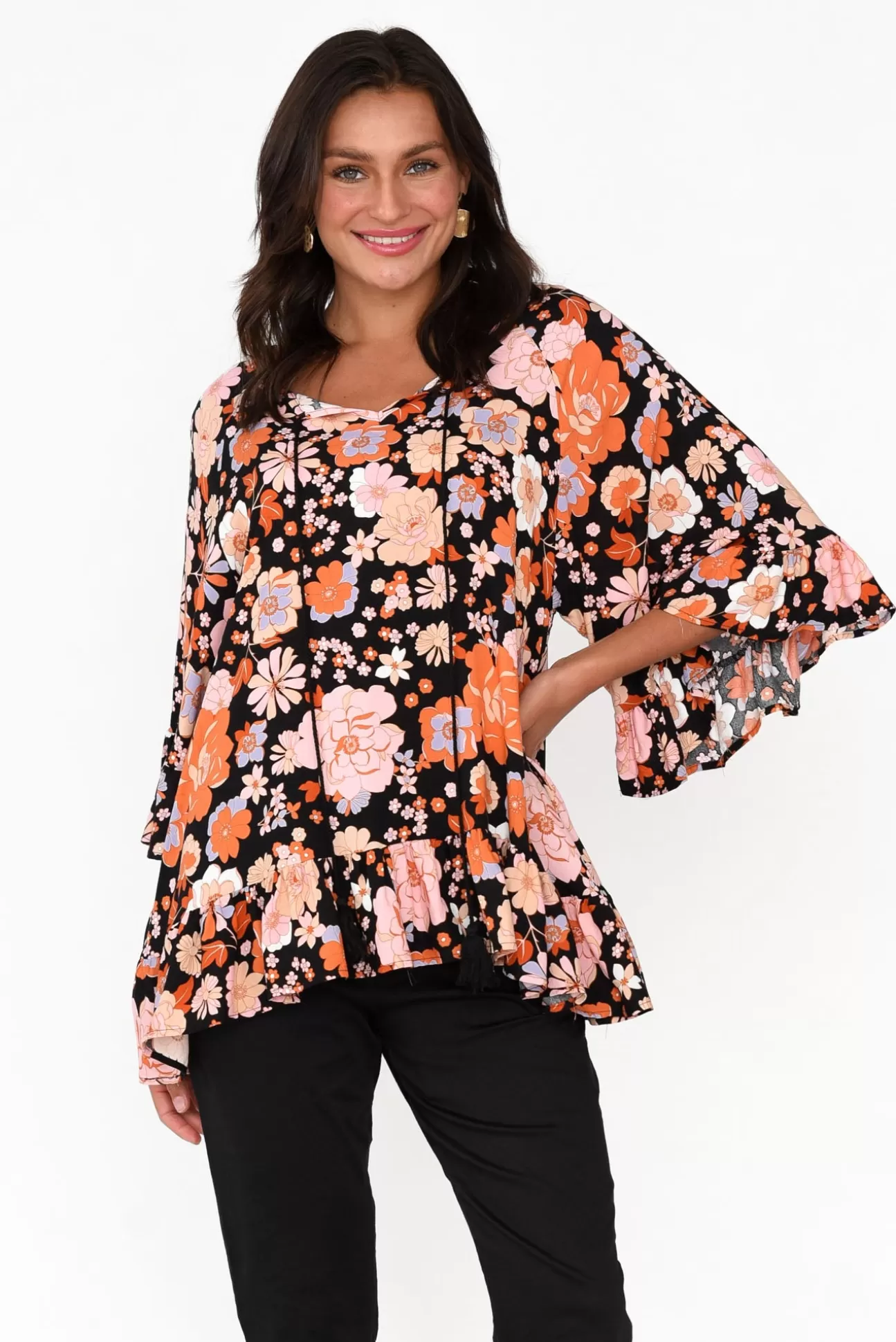 New U Collection Chase Black Bloom Tassel Ruffle Top Sale