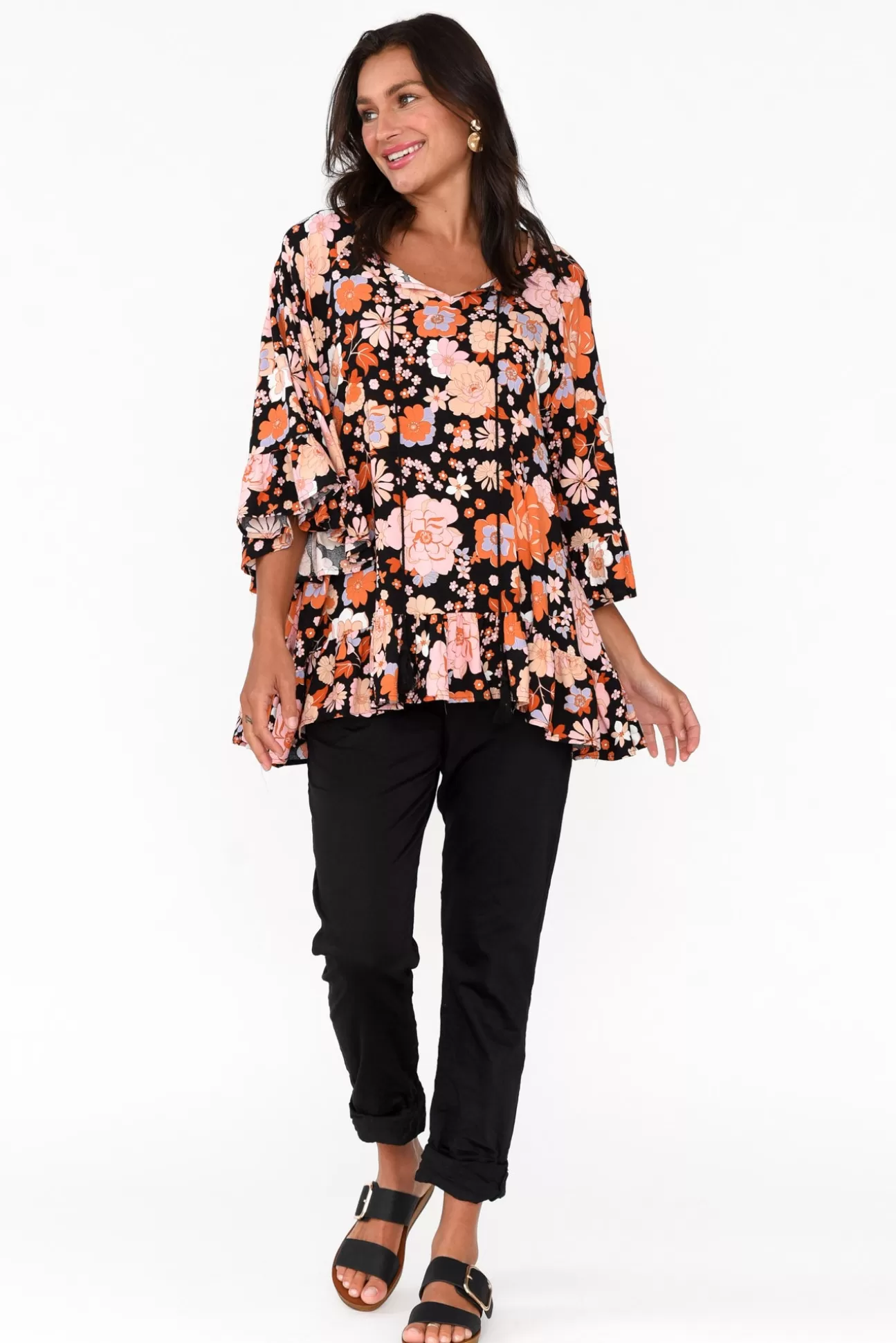 New U Collection Chase Black Bloom Tassel Ruffle Top Sale