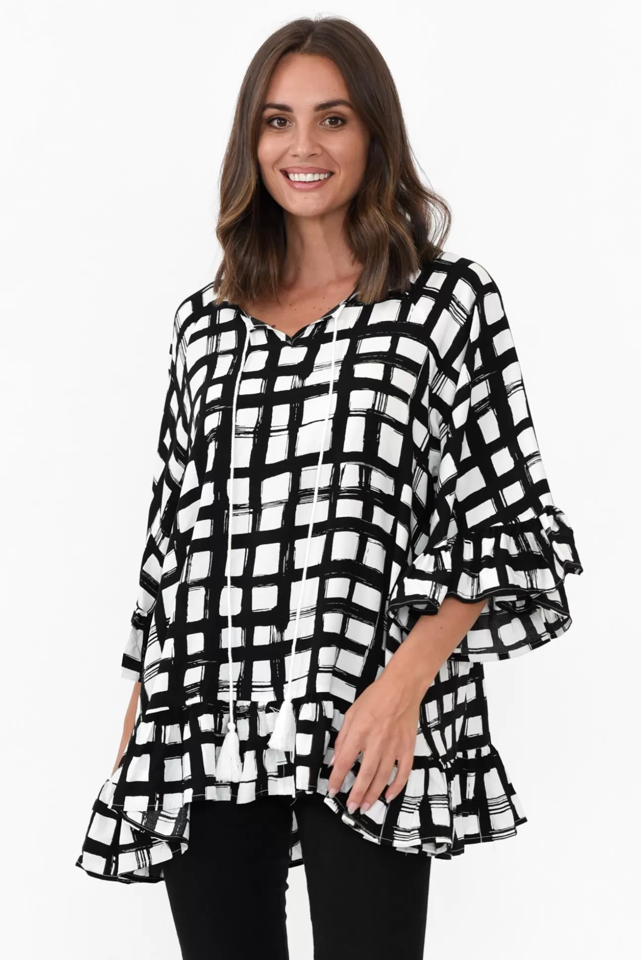 New U Collection Chase Black Check Tassel Ruffle Top Cheap