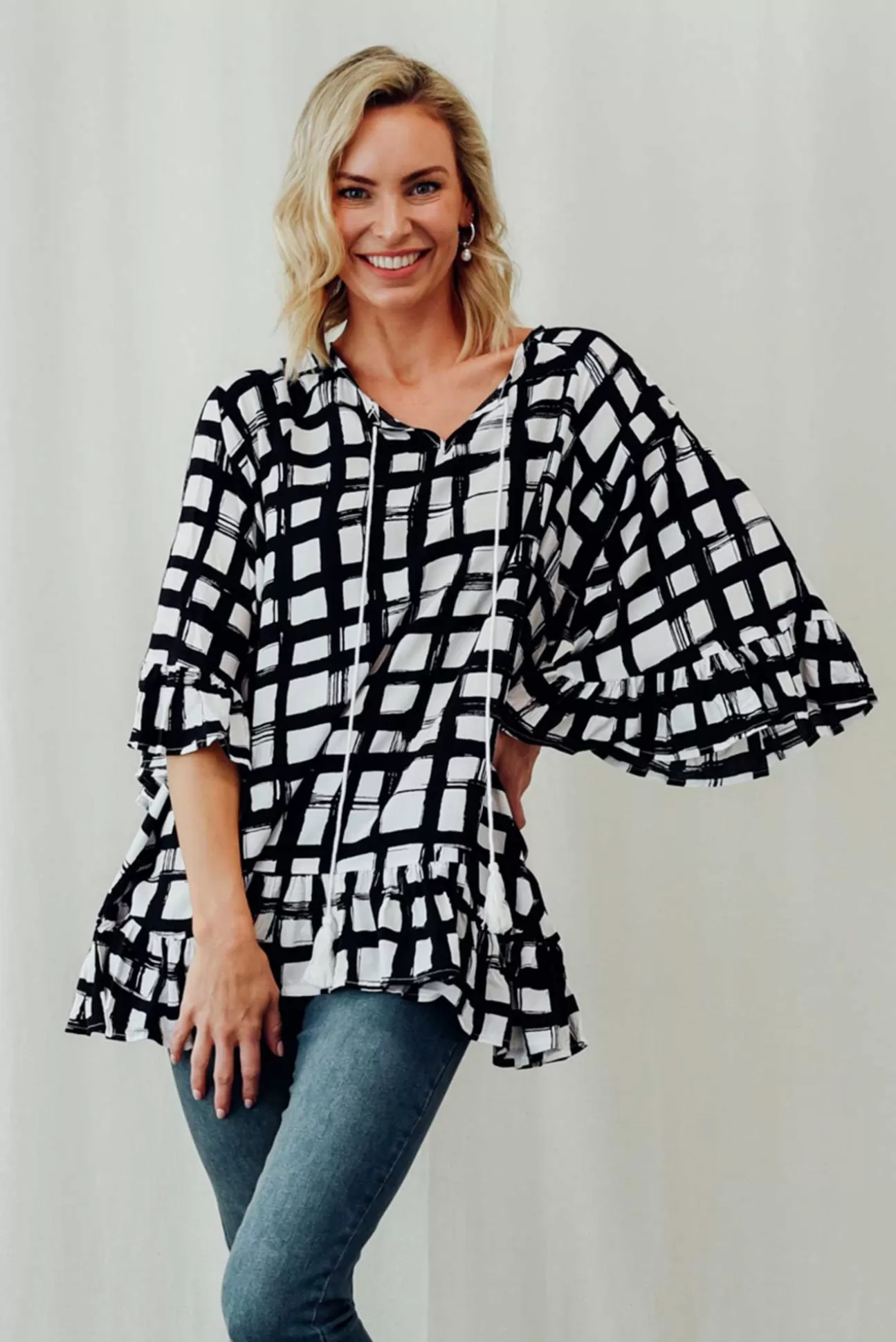 New U Collection Chase Black Check Tassel Ruffle Top Cheap