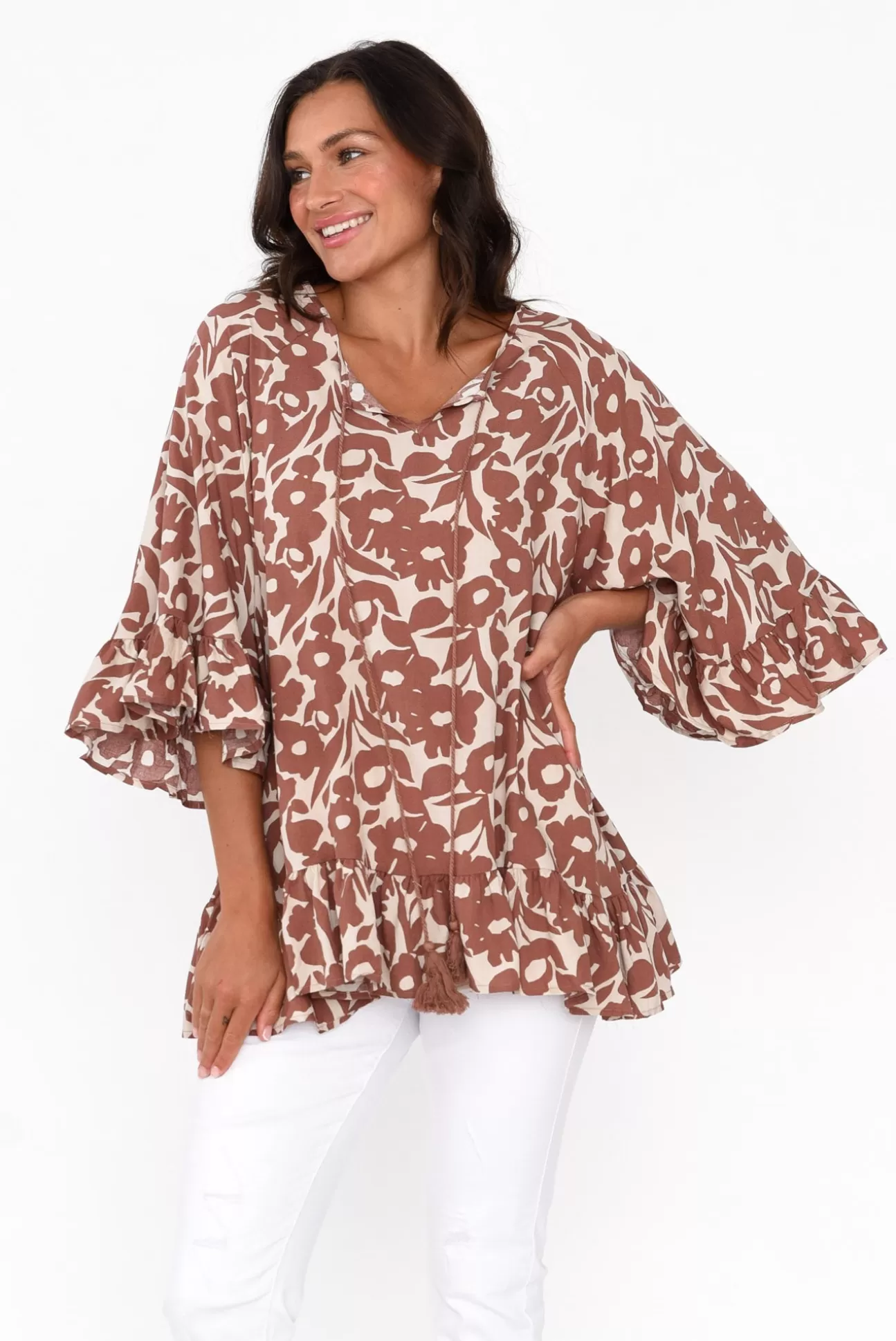 New U Collection Chase Brown Botanical Tassel Ruffle Top Clearance