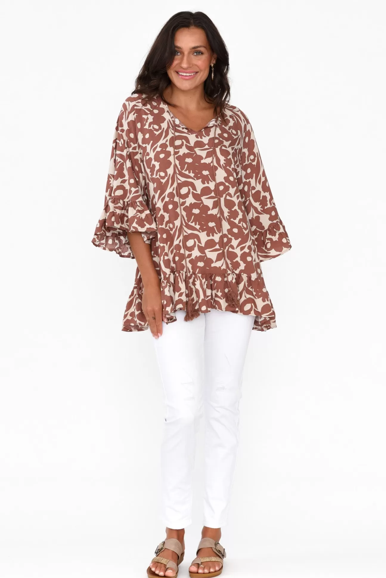 New U Collection Chase Brown Botanical Tassel Ruffle Top Clearance