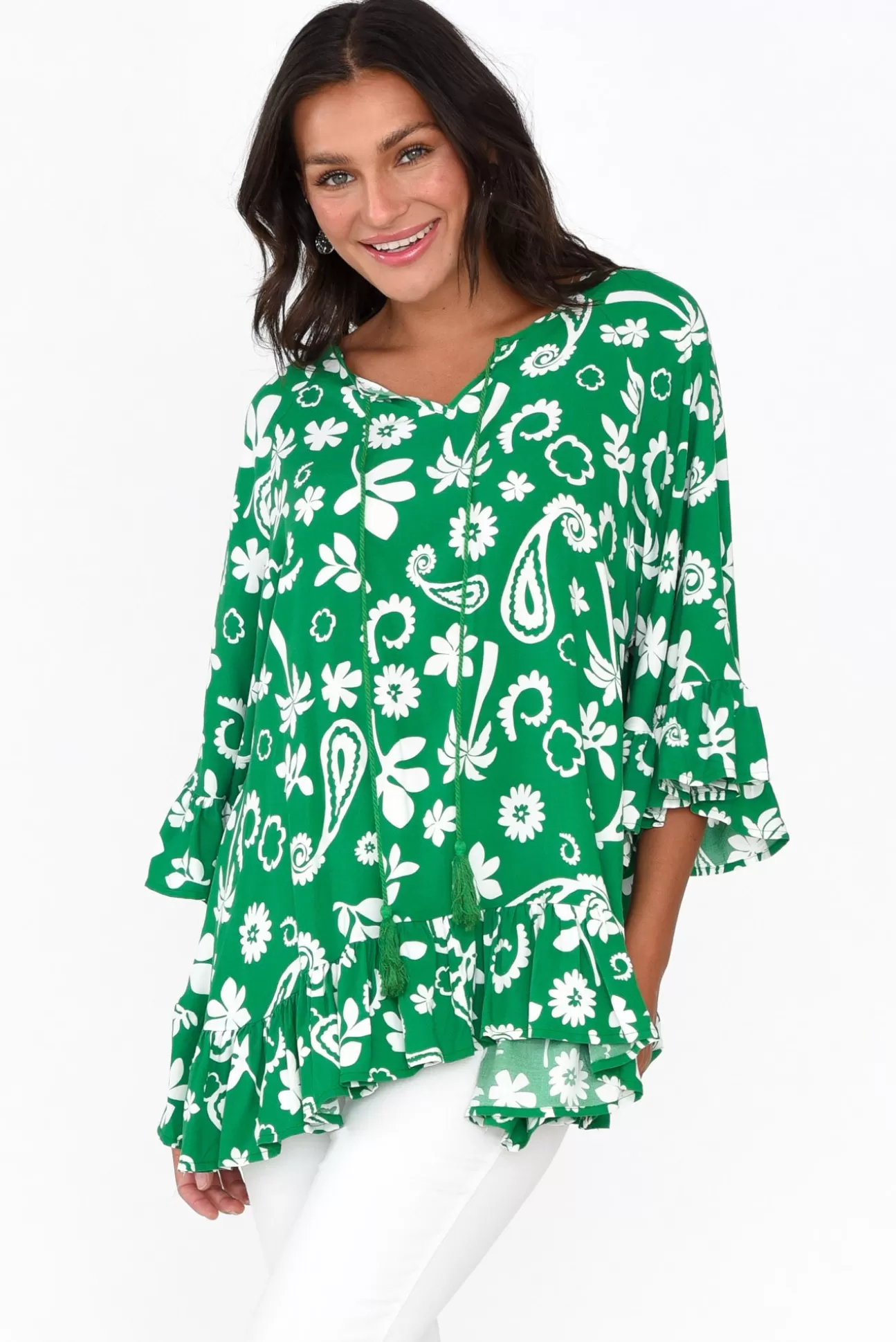 New U Collection Chase Green Garden Tassel Ruffle Top Best Sale