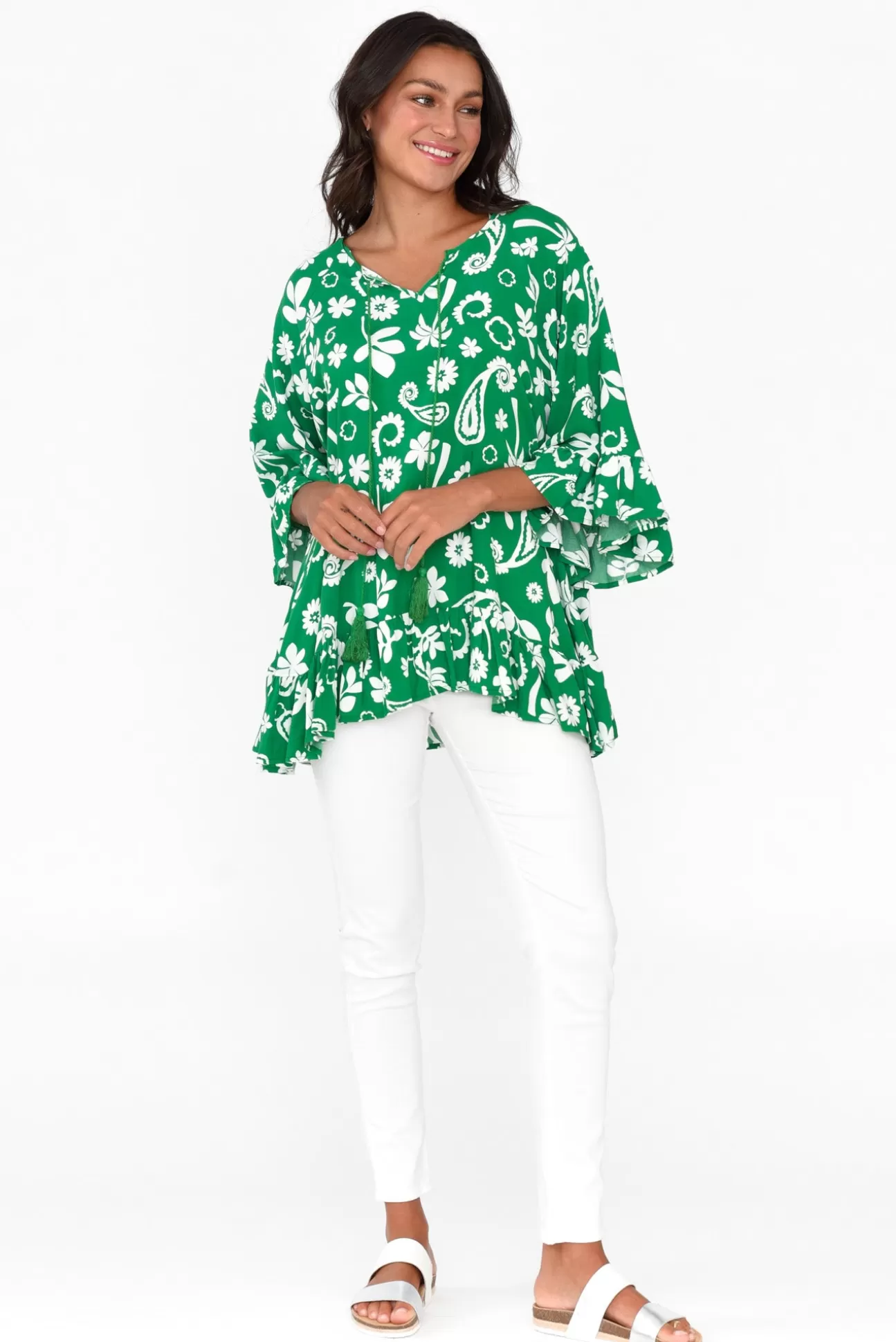 New U Collection Chase Green Garden Tassel Ruffle Top Best Sale