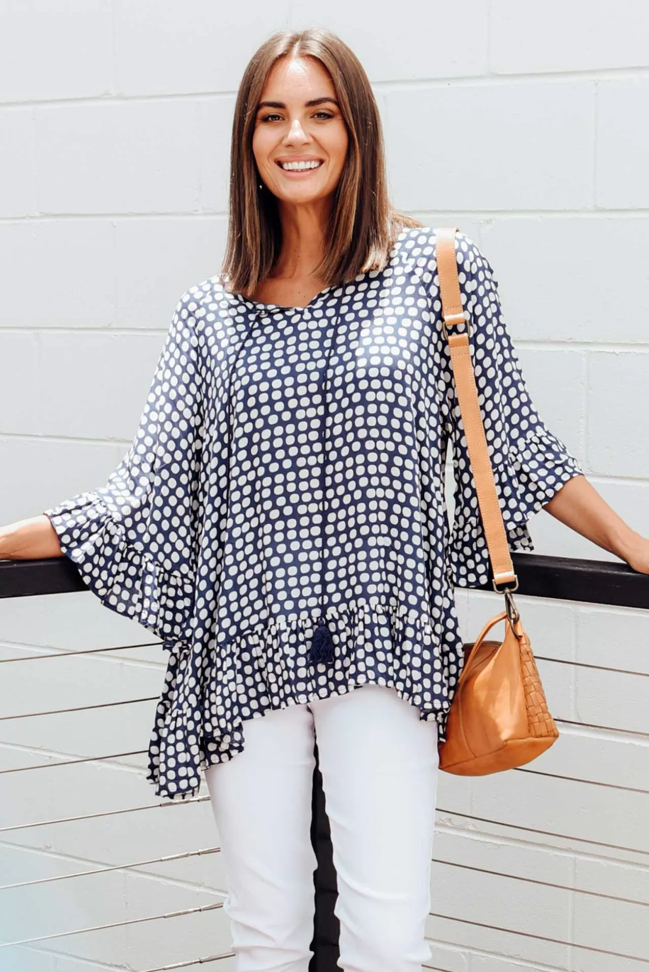 New U Collection Chase Navy Spot Tassel Ruffle Top Outlet