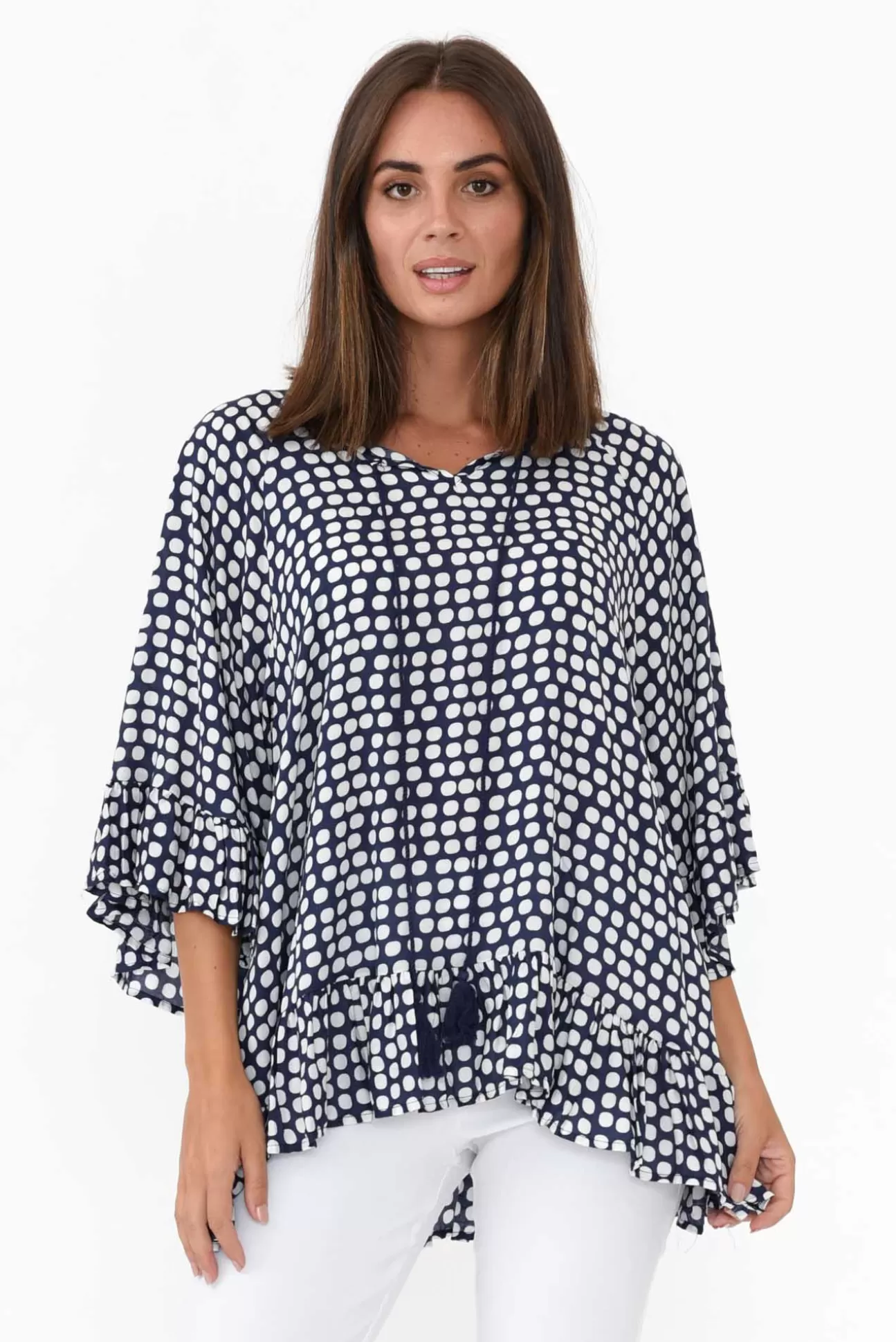 New U Collection Chase Navy Spot Tassel Ruffle Top Outlet