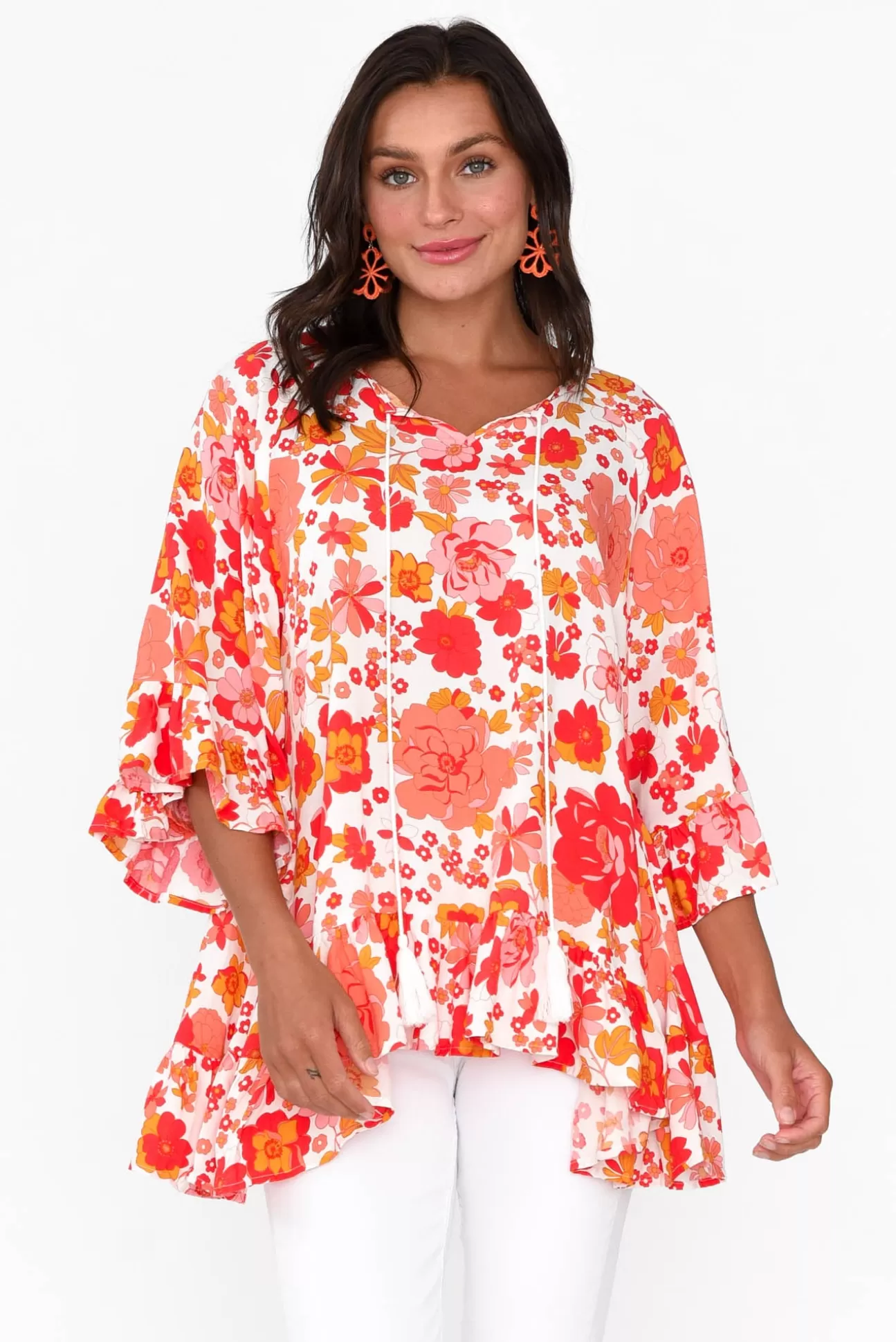 New U Collection Chase Red Bloom Tassel Ruffle Top Sale