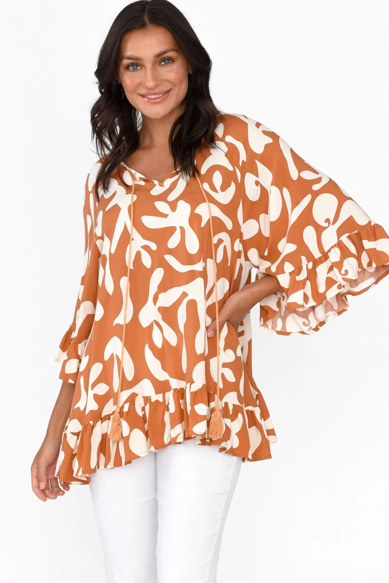 New U Collection Chase Rust Abstract Tassel Ruffle Top Clearance