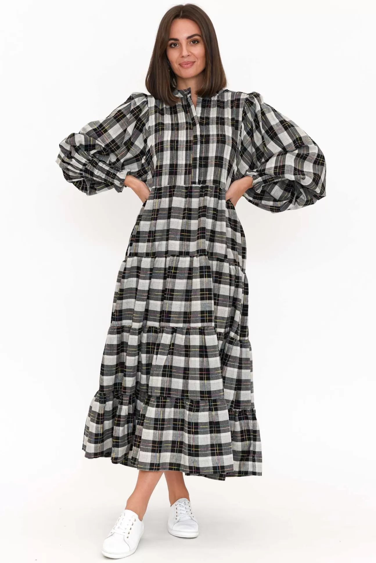 Fujinella Chloe Black Check Cotton Tiered Maxi Dress Discount