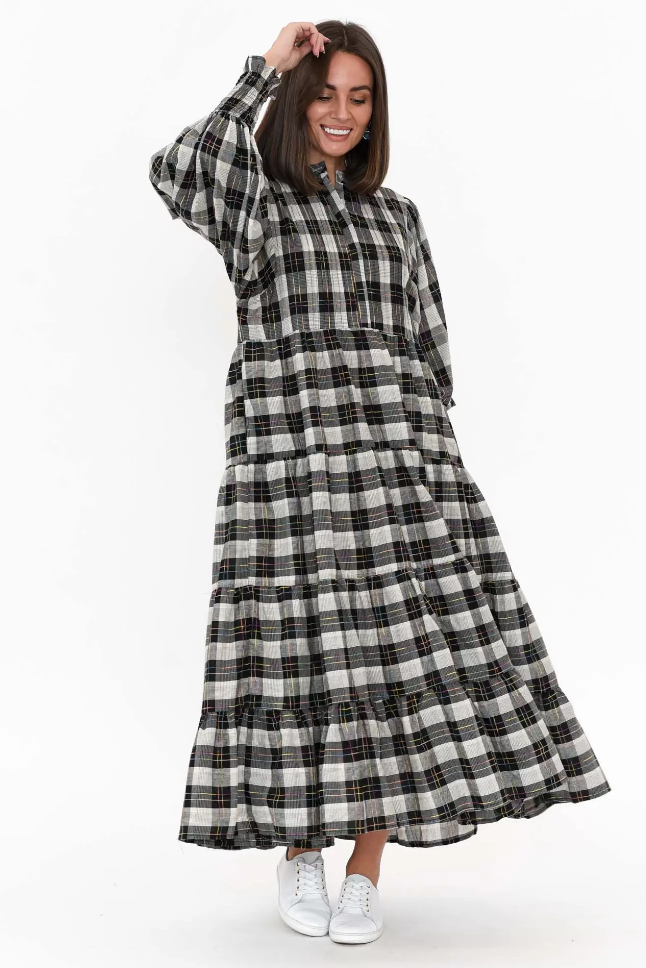 Fujinella Chloe Black Check Cotton Tiered Maxi Dress Discount