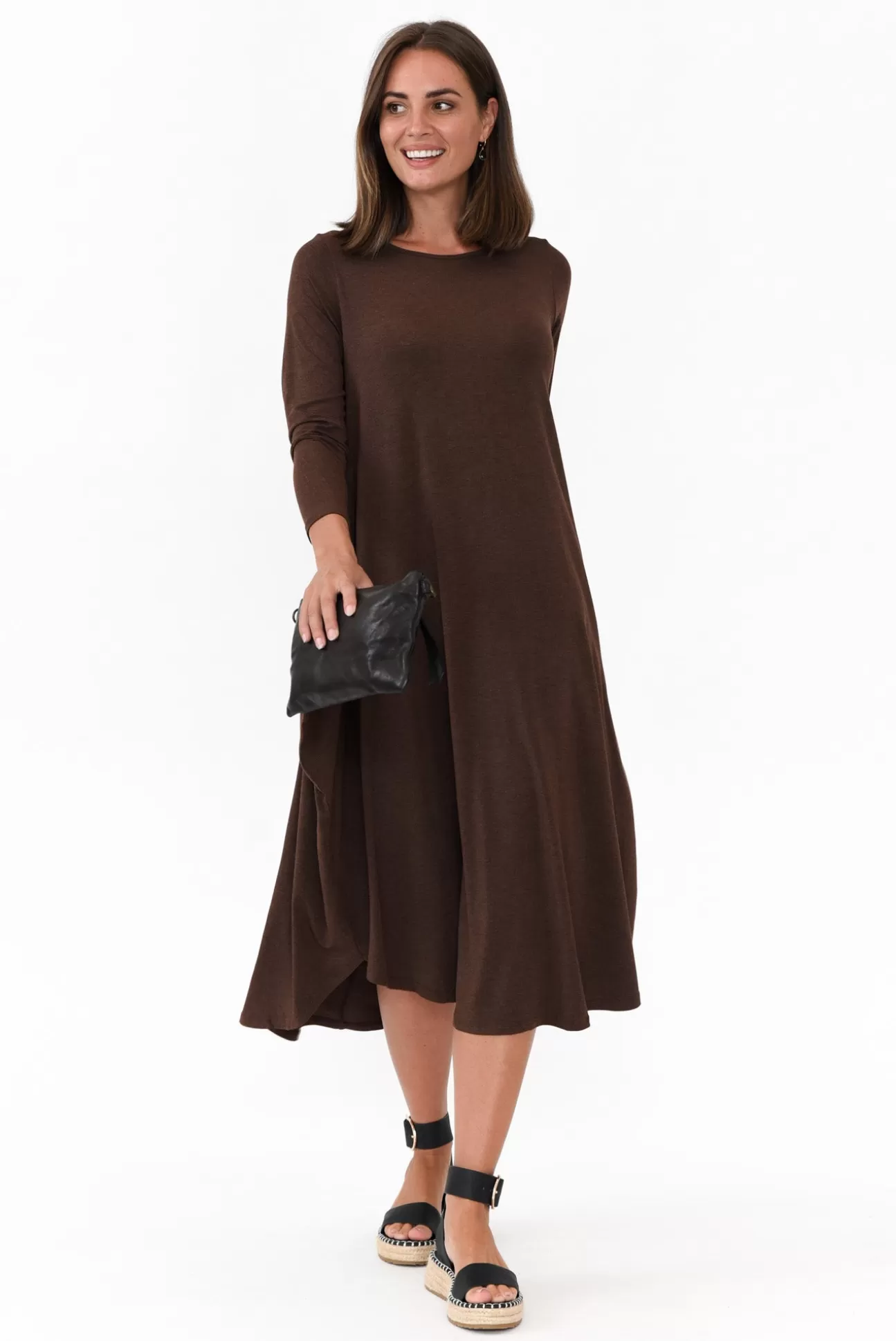 Tani Chocolate Marle Long Sleeved Micro Modal Drape Dress Fashion