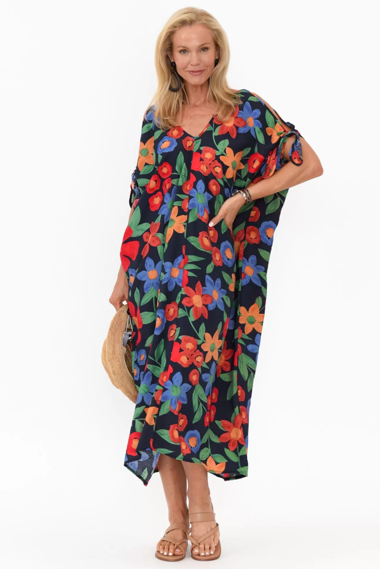 New U Collection Christine Navy Floral Cold Shoulder Kaftan Hot