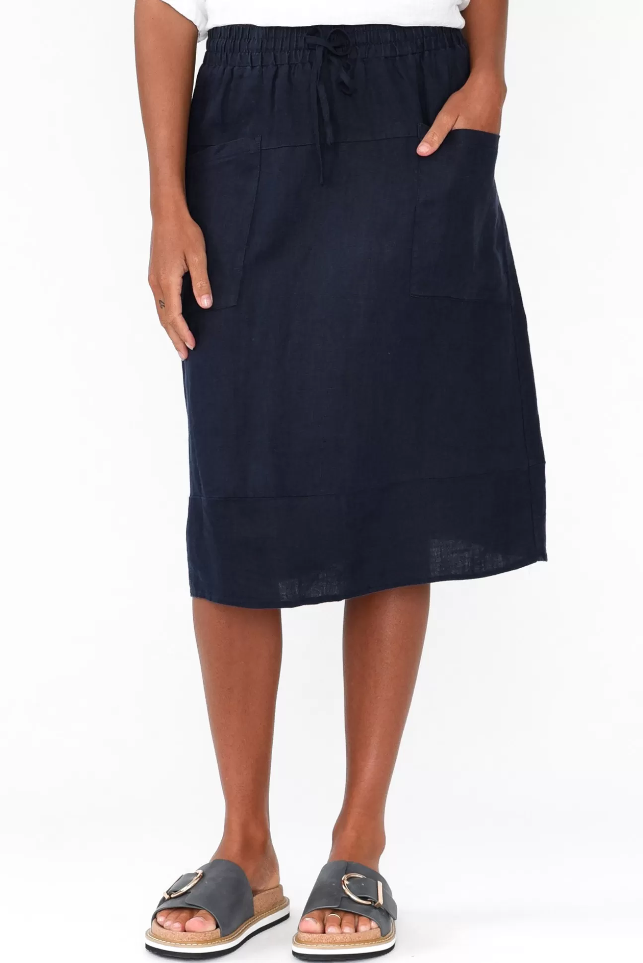 Gordon Smith Claire Navy Linen Pocket Midi Skirt Fashion