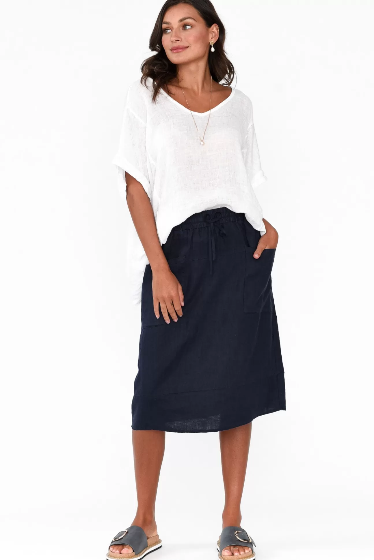 Gordon Smith Claire Navy Linen Pocket Midi Skirt Fashion