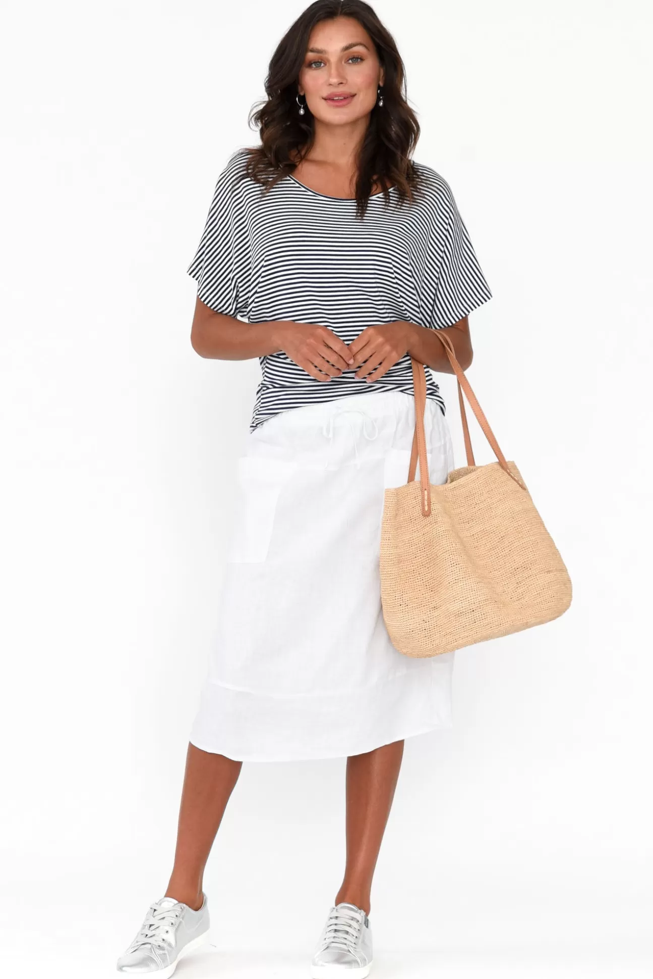 Gordon Smith Claire White Linen Pocket Midi Skirt Flash Sale