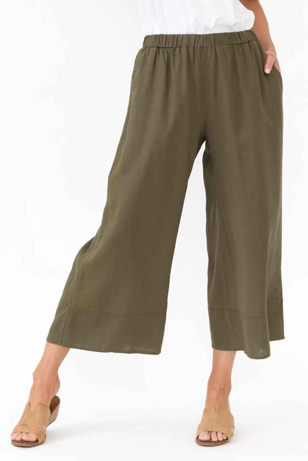 Cali and Co Colleen Khaki Linen Wide Leg Pant Cheap