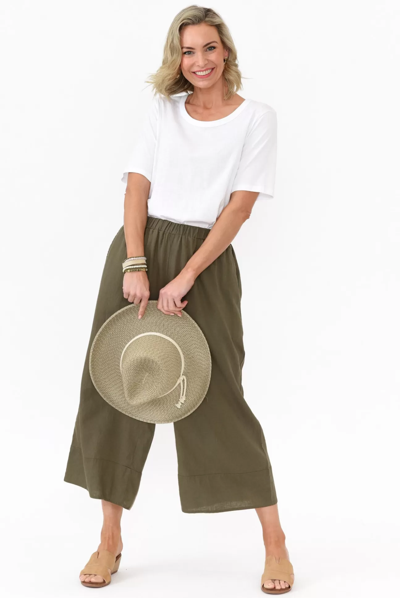 Cali and Co Colleen Khaki Linen Wide Leg Pant Cheap