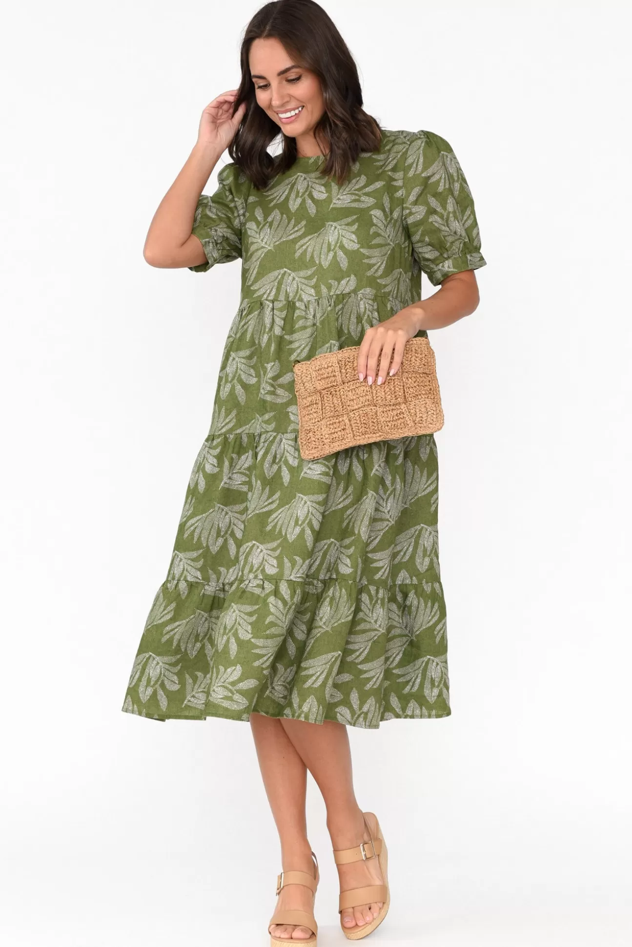 Stella Gemma Corsica Green Palm Linen Tiered Dress Discount