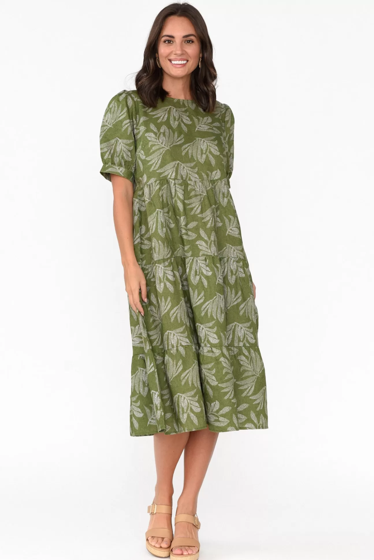 Stella Gemma Corsica Green Palm Linen Tiered Dress Discount