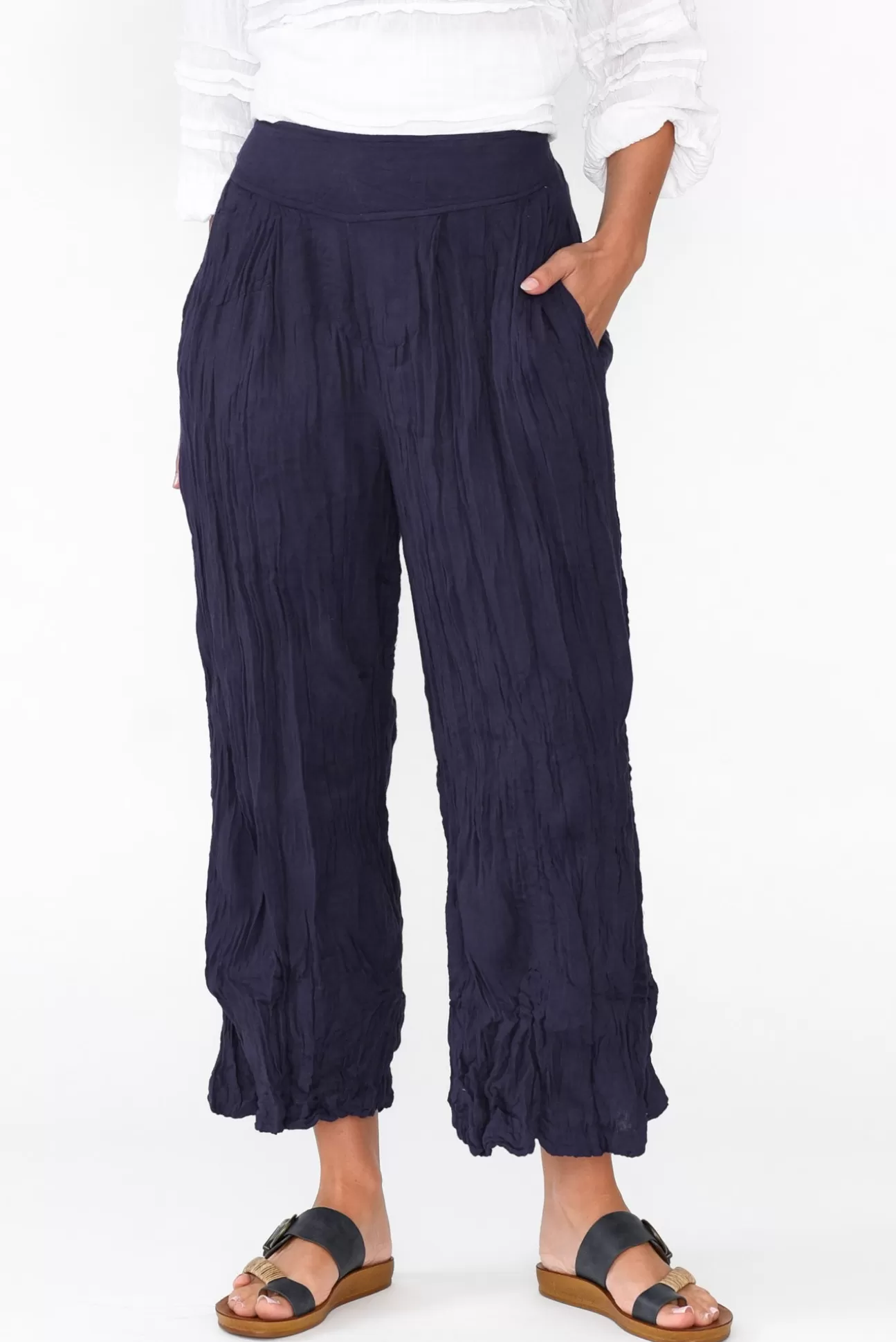 Namastai Costello Navy Crinkle Cotton Pant Discount