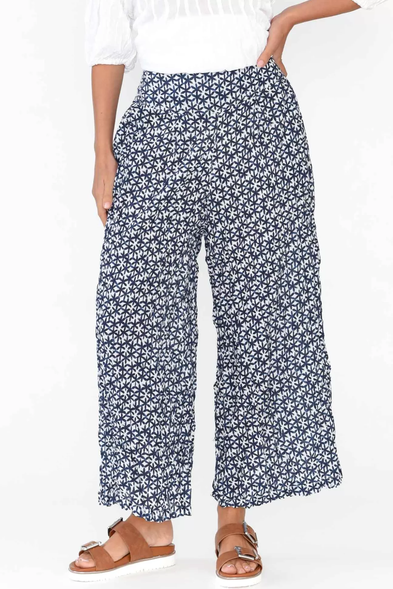 Namastai Costello Navy Flower Crinkle Cotton Pant Hot