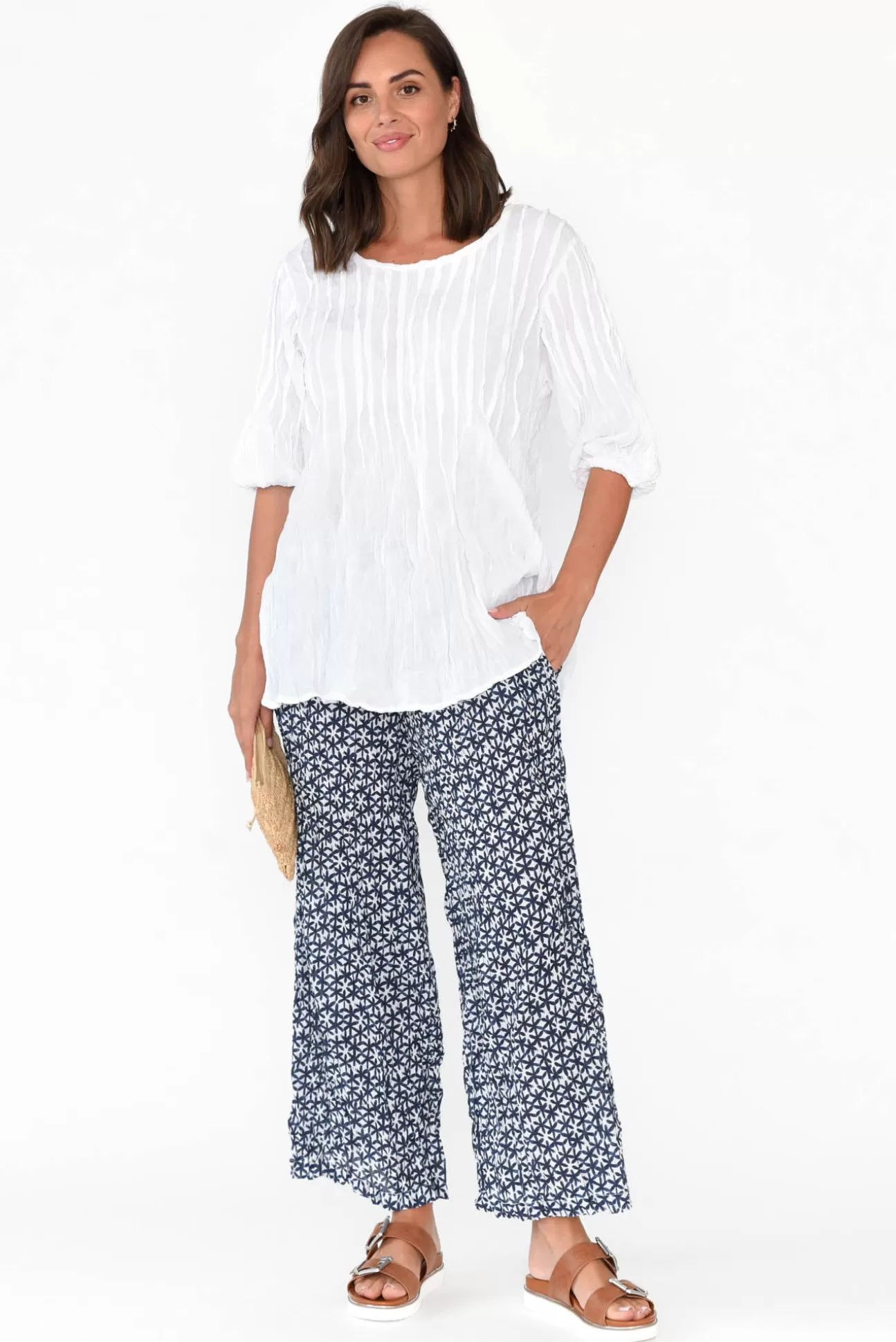 Namastai Costello Navy Flower Crinkle Cotton Pant Hot