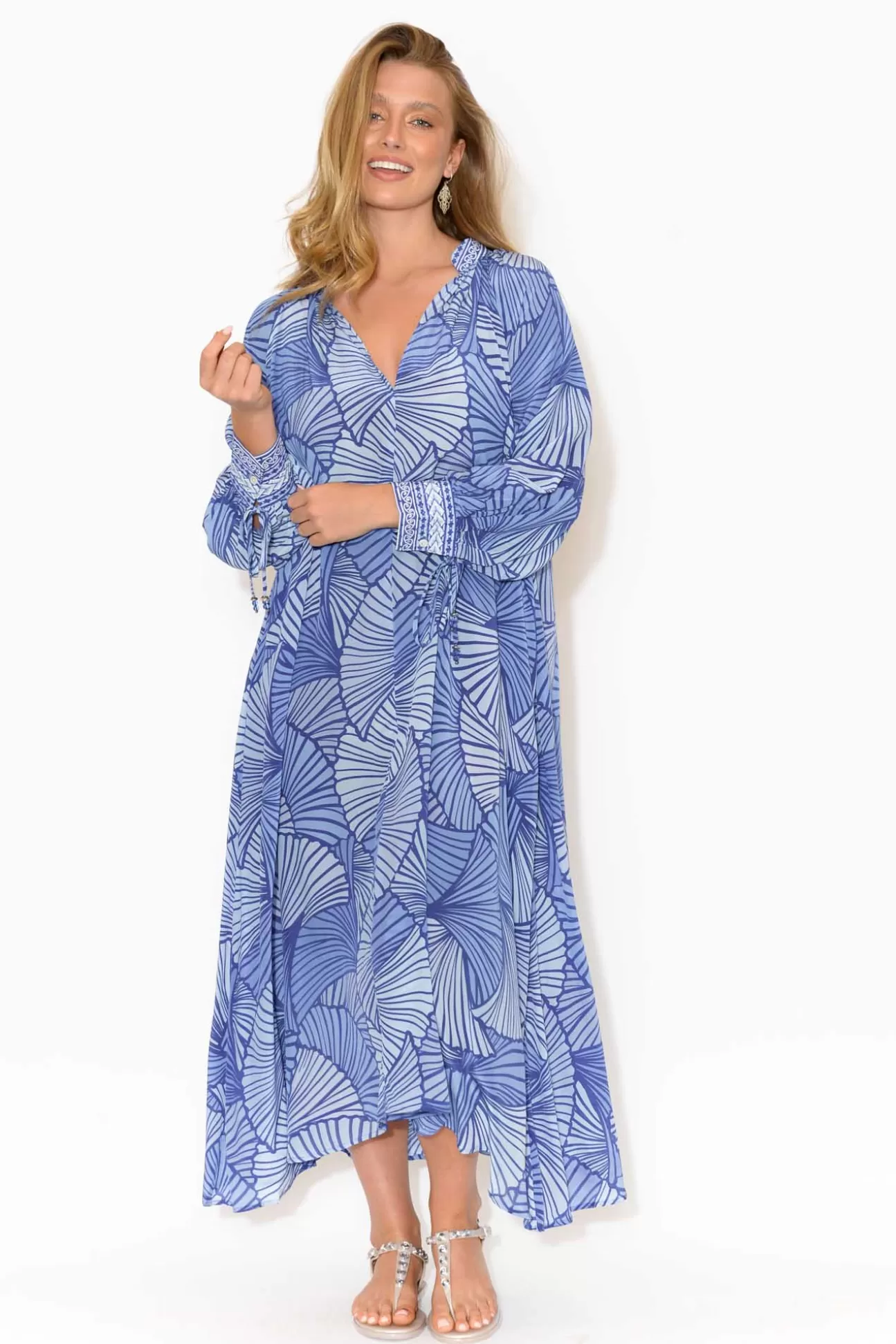 Inoa Cyrilla Blue Geometric Silk Dress Discount