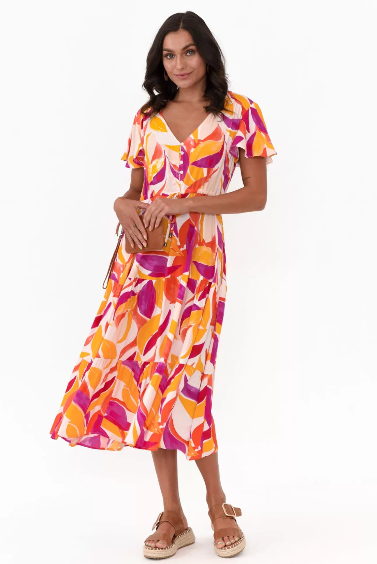 Label of Love Dahlia Orange Abstract V Neck Dress Fashion